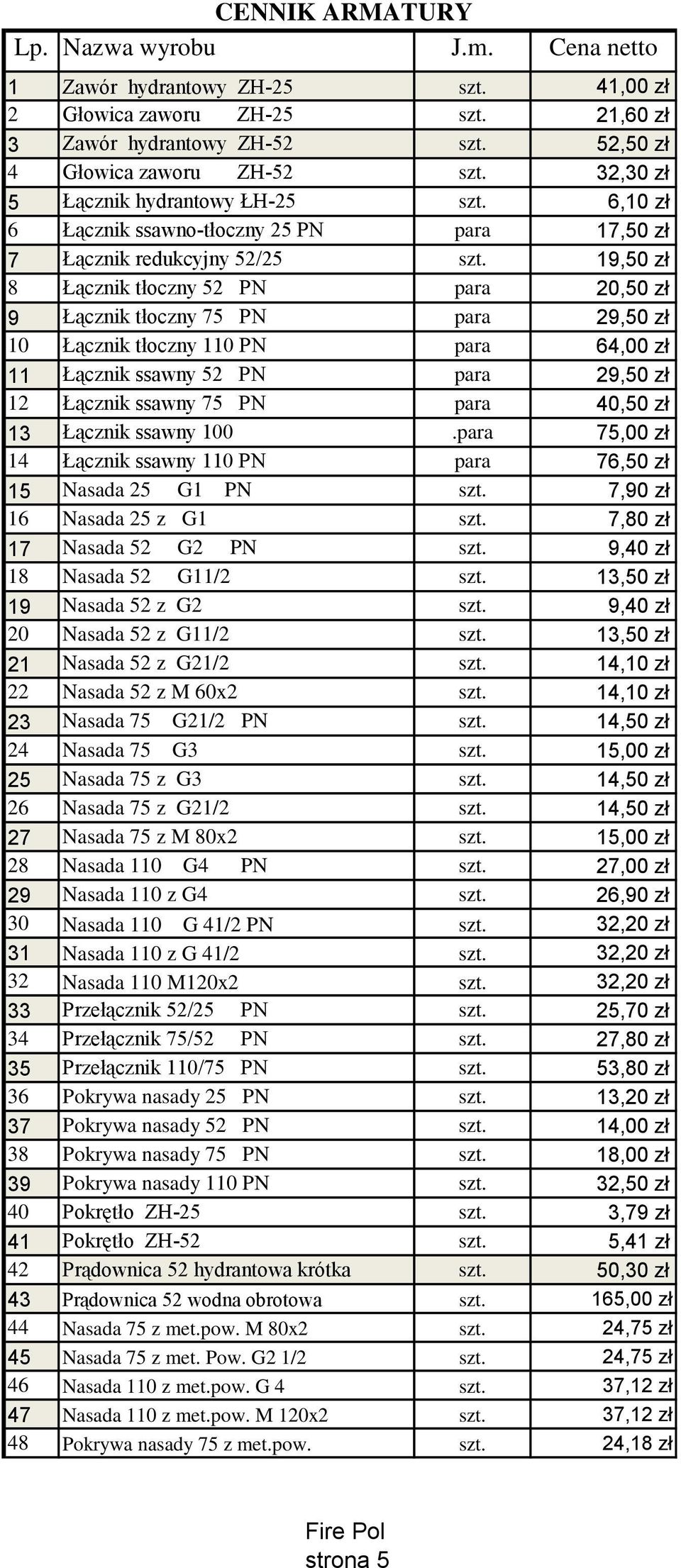 19,50 zł 8 Łącznik tłoczny 52 PN para 20,50 zł 9 Łącznik tłoczny 75 PN para 29,50 zł 10 Łącznik tłoczny 110 PN para 64,00 zł 11 Łącznik ssawny 52 PN para 29,50 zł 12 Łącznik ssawny 75 PN para 40,50