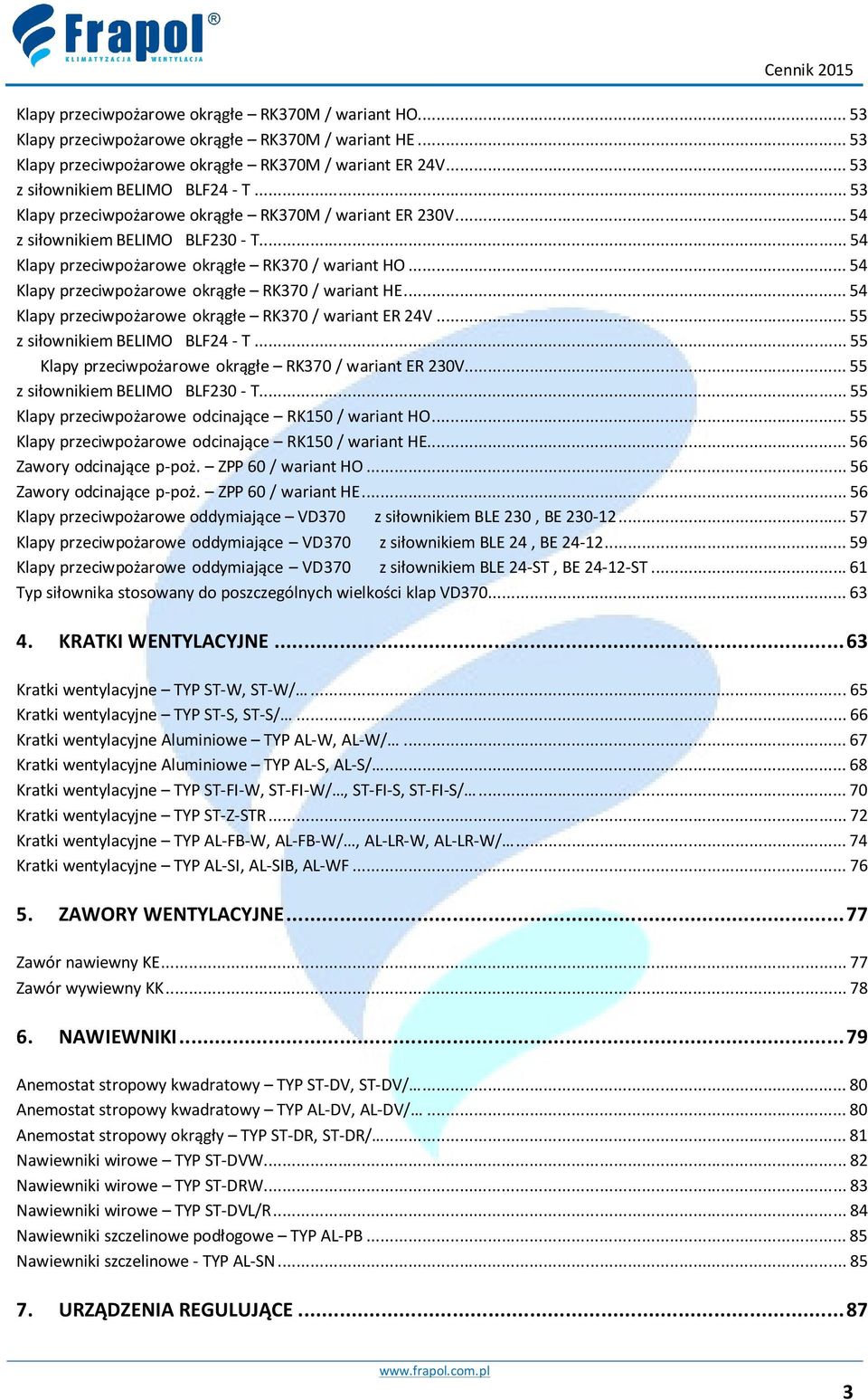 .. 54 Klapy przeciwpożarowe okrągłe RK370 / wariant HE... 54 Klapy przeciwpożarowe okrągłe RK370 / wariant ER 24V... 55 z siłownikiem BELIMO BLF24 - T.