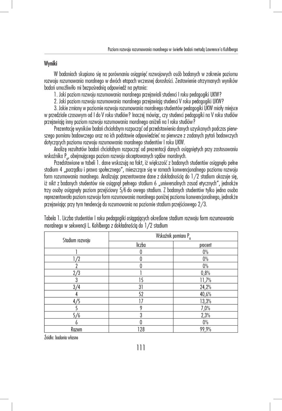 Jaki poziom rozwoju rozumowania moralnego przejawiali studenci I roku pedagogiki UKW? 2. Jaki poziom rozwoju rozumowania moralnego przejawiają studenci V roku pedagogiki UKW? 3.