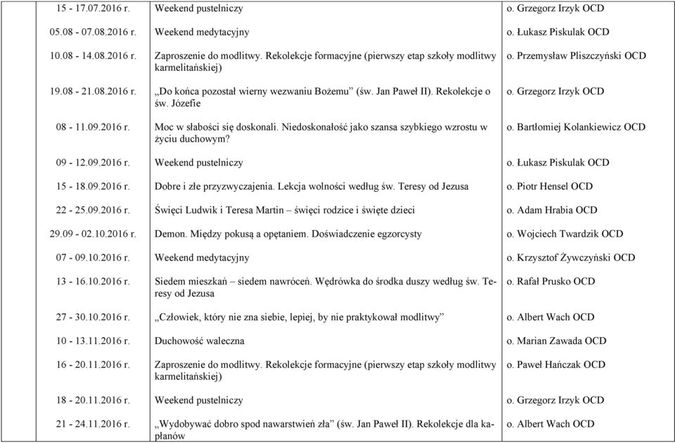 Rekolekcje formacyjne (pierwszy etap szkoły modlitwy karmelitańskiej) Do końca pozostał wierny wezwaniu Bożemu (św. Jan Paweł II). Rekolekcje o św. Józefie Moc w słabości się doskonali.