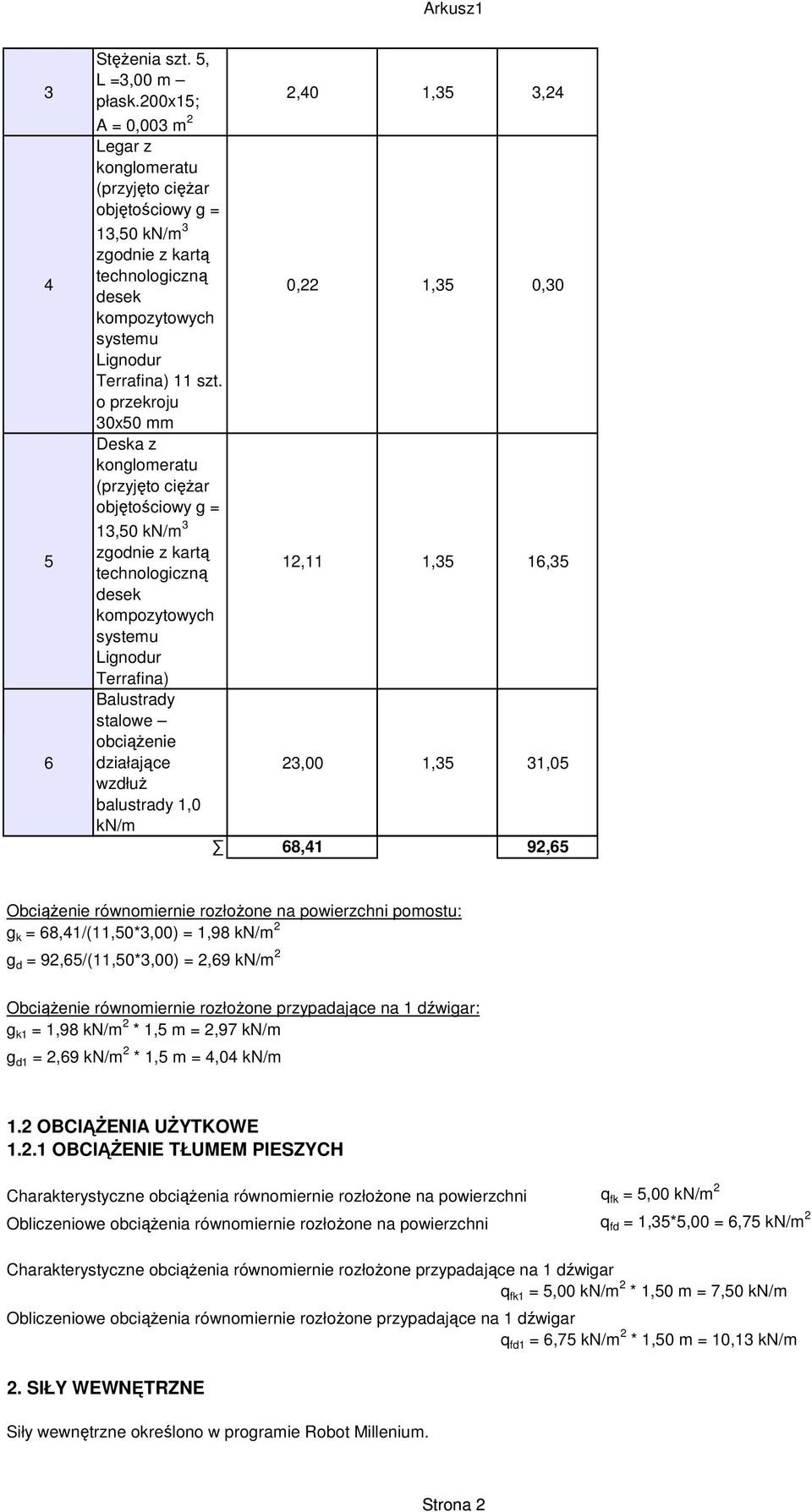 powierzchni pomostu: g k = 68,41/(11,50*3,00) = 1,98 kn/m 2 g d = 92,65/(11,50*3,00) = 2,69 kn/m 2 równomiernie rozłożone przypadające na 1 dźwigar: g k1 = 1,98 kn/m 2 * 1,5 m = 2,97 kn/m g d1 = 2,69