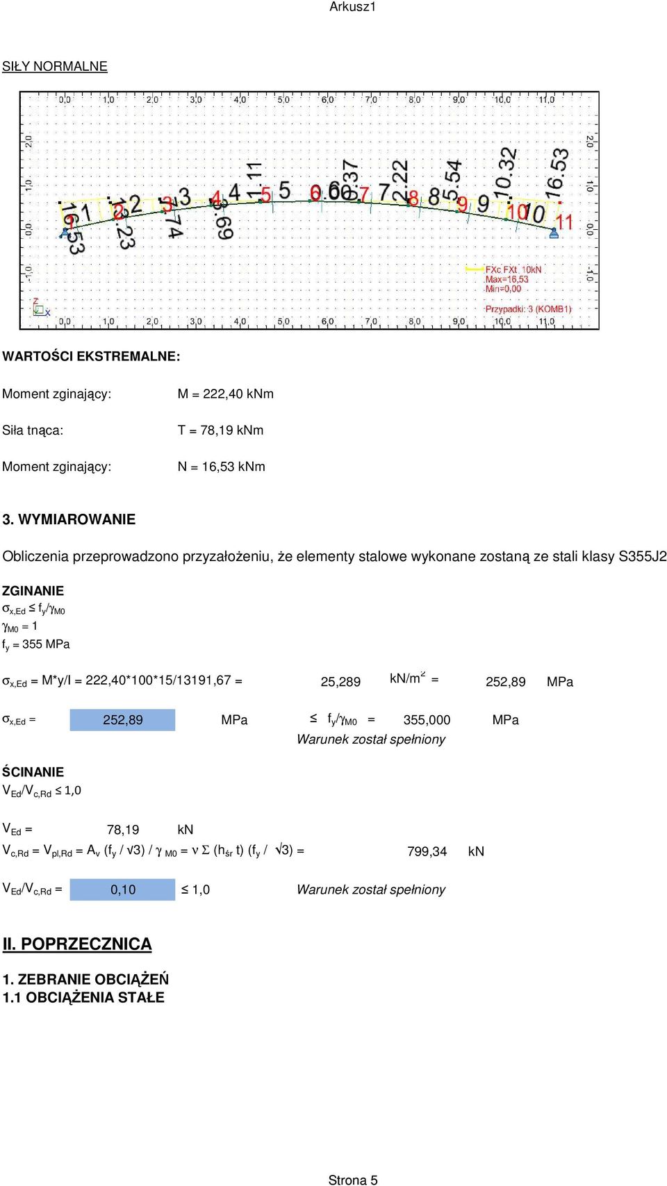 x,ed = M*y/I = 222,40*100*15/13191,67 = 25,289 kn/m 2 = 252,89 MPa σ x,ed = 252,89 MPa f y /γ M0 = 355,000 MPa ŚCINANIE V Ed /V c,rd 1,0 Warunek został spełniony V Ed