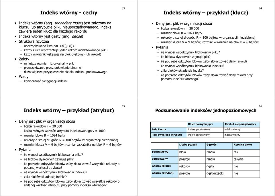 dense) Struktura fizyczna uporządkowana lista par <K(i),P(i)> każdy klucz reprezentuje jeden rekord indeksowanego pliku każdy wskaźnik wskazuje na blok dyskowy (lub rekord) Zalety mniejszy rozmiar