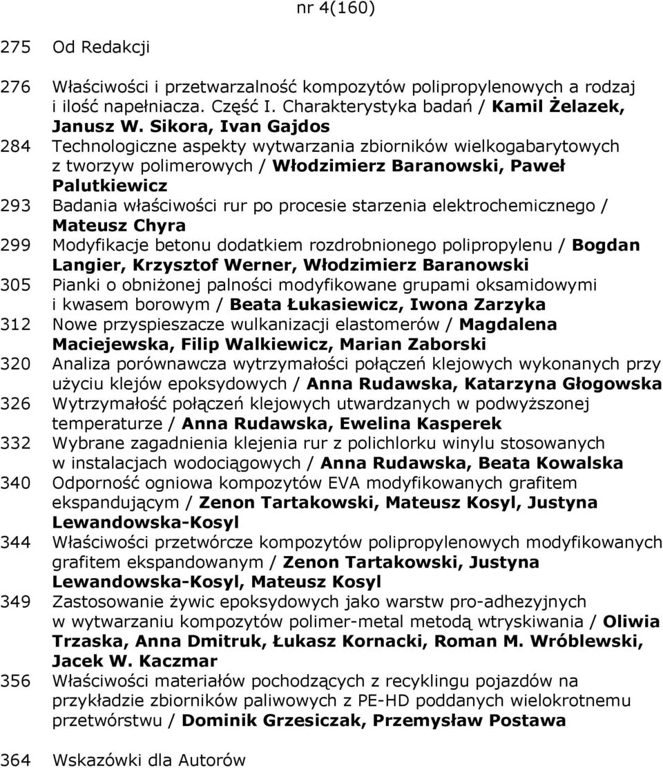 starzenia elektrochemicznego / Mateusz Chyra 299 Modyfikacje betonu dodatkiem rozdrobnionego polipropylenu / Bogdan Langier, Krzysztof Werner, Włodzimierz Baranowski 305 Pianki o obniżonej palności