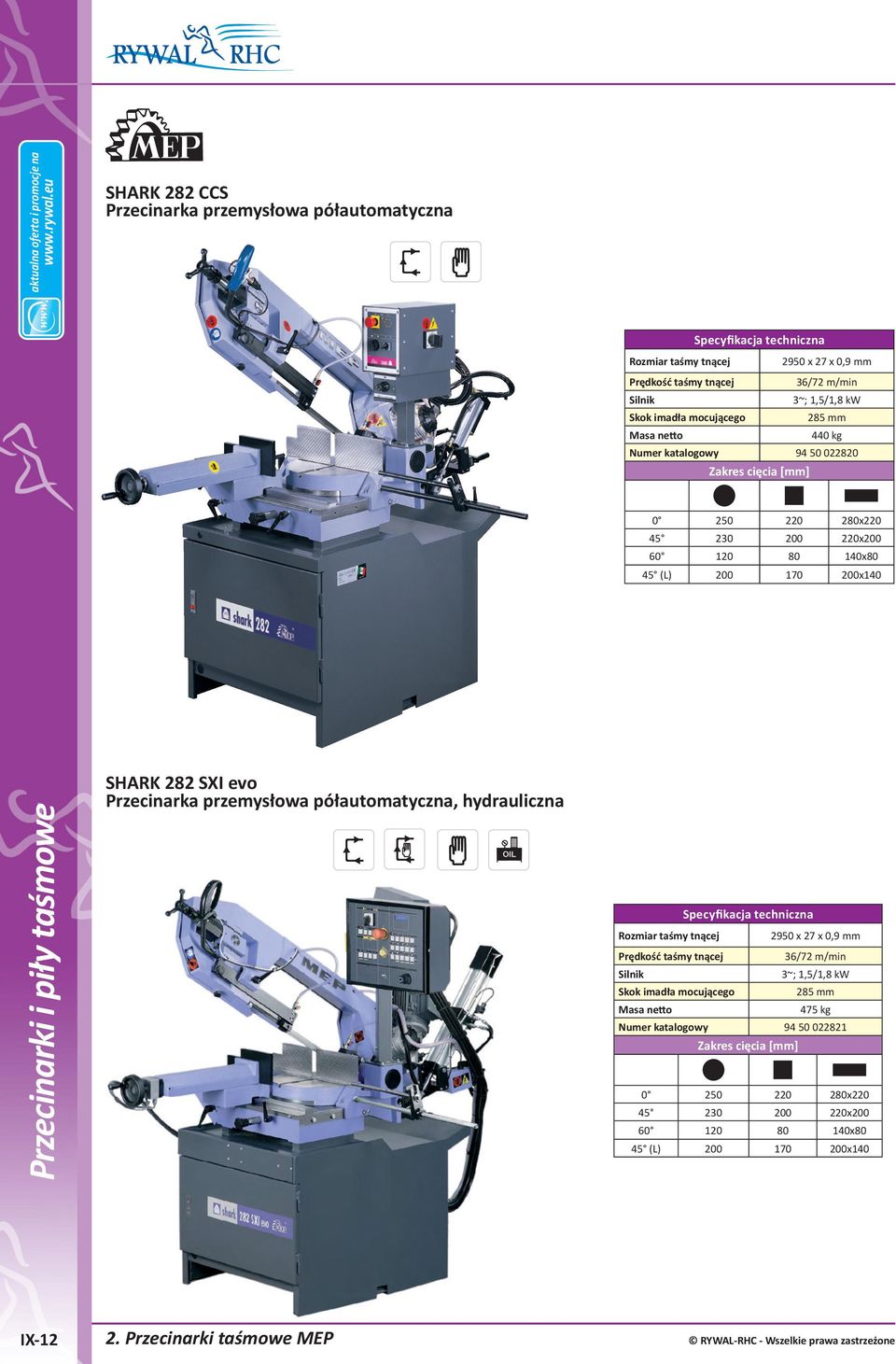 półautomatyczna, hydrauliczna 2950 x 27 x 0,9 mm 36/72 m/min 3~; 1,5/1,8 kw Skok imadła mocującego 285 mm 475 kg Numer katalogowy 94 50 022821 0