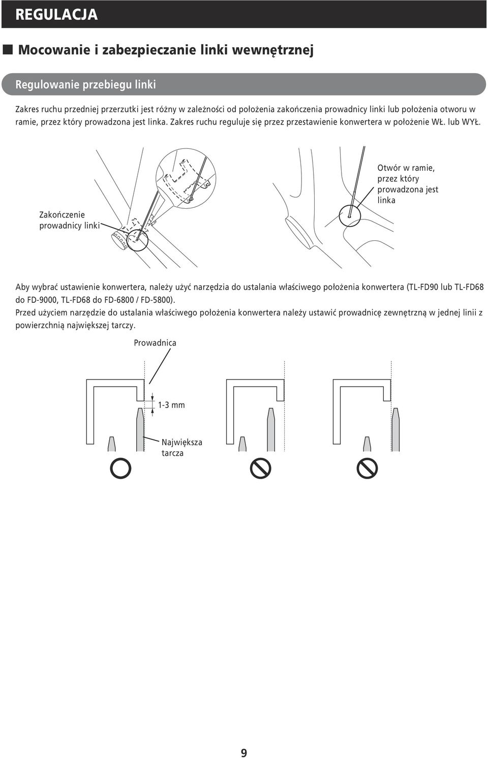 Zakończenie prowadnicy linki Otwór w ramie, przez który prowadzona jest linka Aby wybrać ustawienie konwertera, należy użyć narzędzia do ustalania właściwego położenia konwertera (TL-FD90 lub