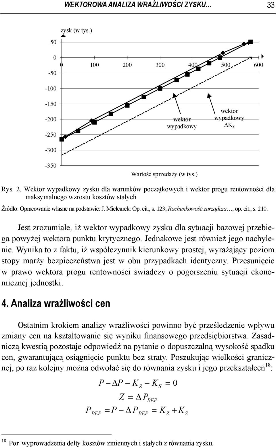 Wektor wypadkowy zysku dla warunków początkowych i wektor progu rentowności dla maksymalnego wzrostu kosztów stałych Źródło: Opracowanie własne na podstawie: J. Mielcarek: Op. cit., s.