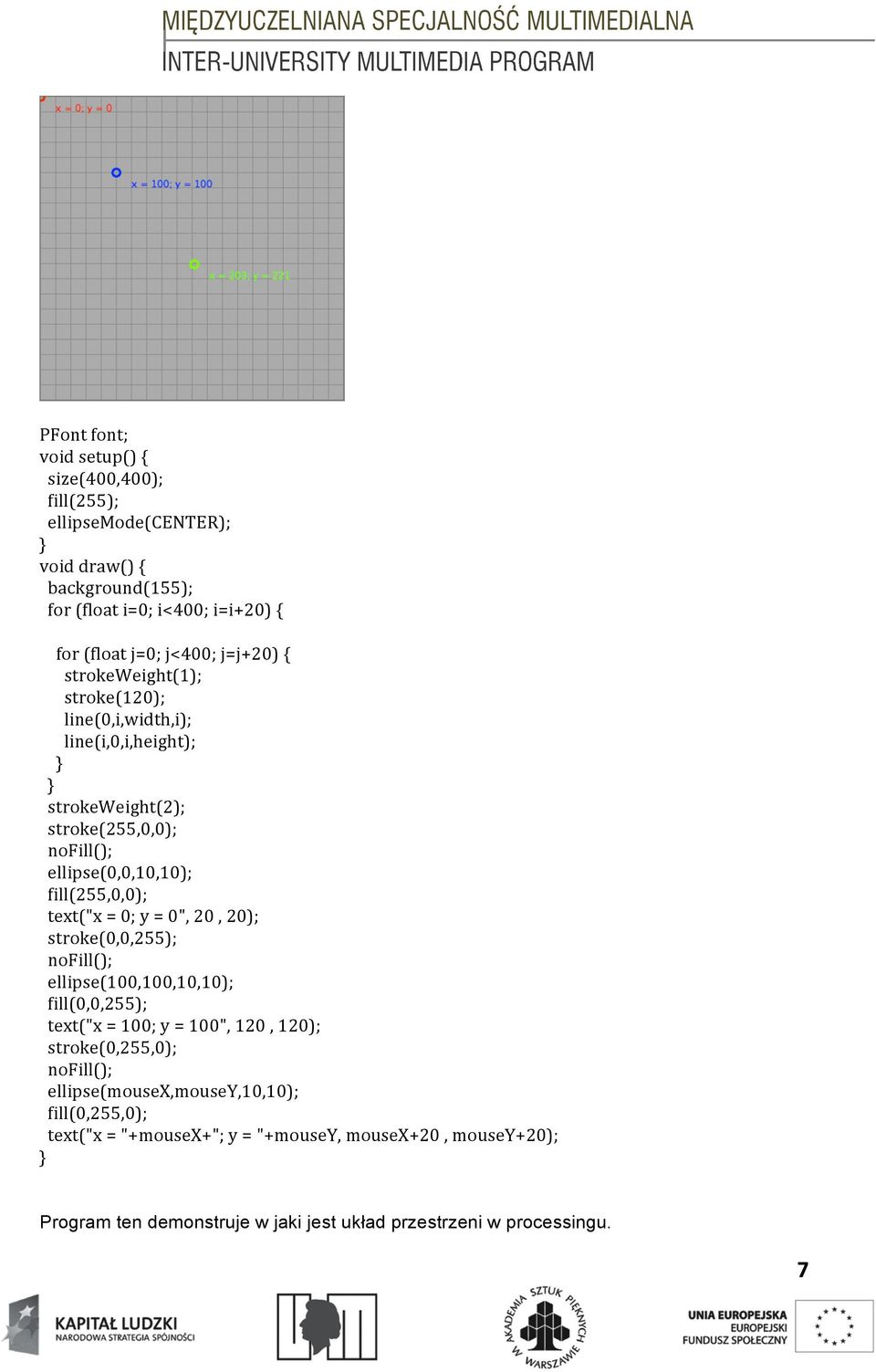 text("x = 0; y = 0", 20, 20); stroke(0,0,255); nofill(); ellipse(100,100,10,10); fill(0,0,255); text("x = 100; y = 100", 120, 120); stroke(0,255,0); nofill();
