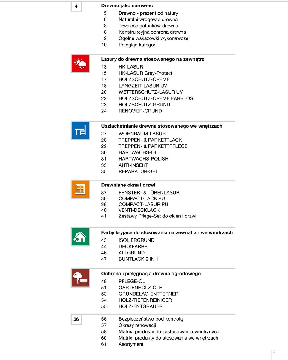 Uszlachetnianie drewna stosowanego we wnętrzach 27 WOHNRAUM-LASUR 28 TREPPEN- & PARKETTLACK 29 TREPPEN- & PARKETTPFLEGE 30 HARTWACHS-ÖL 31 HARTWACHS-POLISH 33 ANTI-INSEKT 35 REPARATUR-SET Drewniane