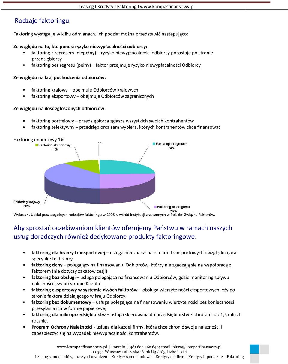 przedsiębiorcy faktoring bez regresu (pełny) faktor przejmuje ryzyko niewypłacalności Odbiorcy Ze względu na kraj pochodzenia odbiorców: faktoring krajowy obejmuje Odbiorców krajowych faktoring