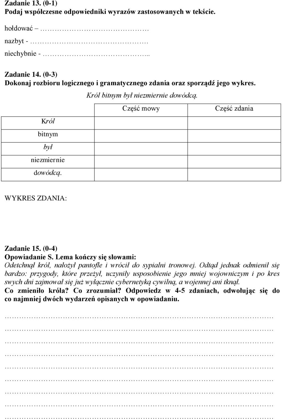 (0-4) Opowiadanie S. Lema kończy się słowami: Odetchnął król, nałożył pantofle i wrócił do sypialni tronowej.