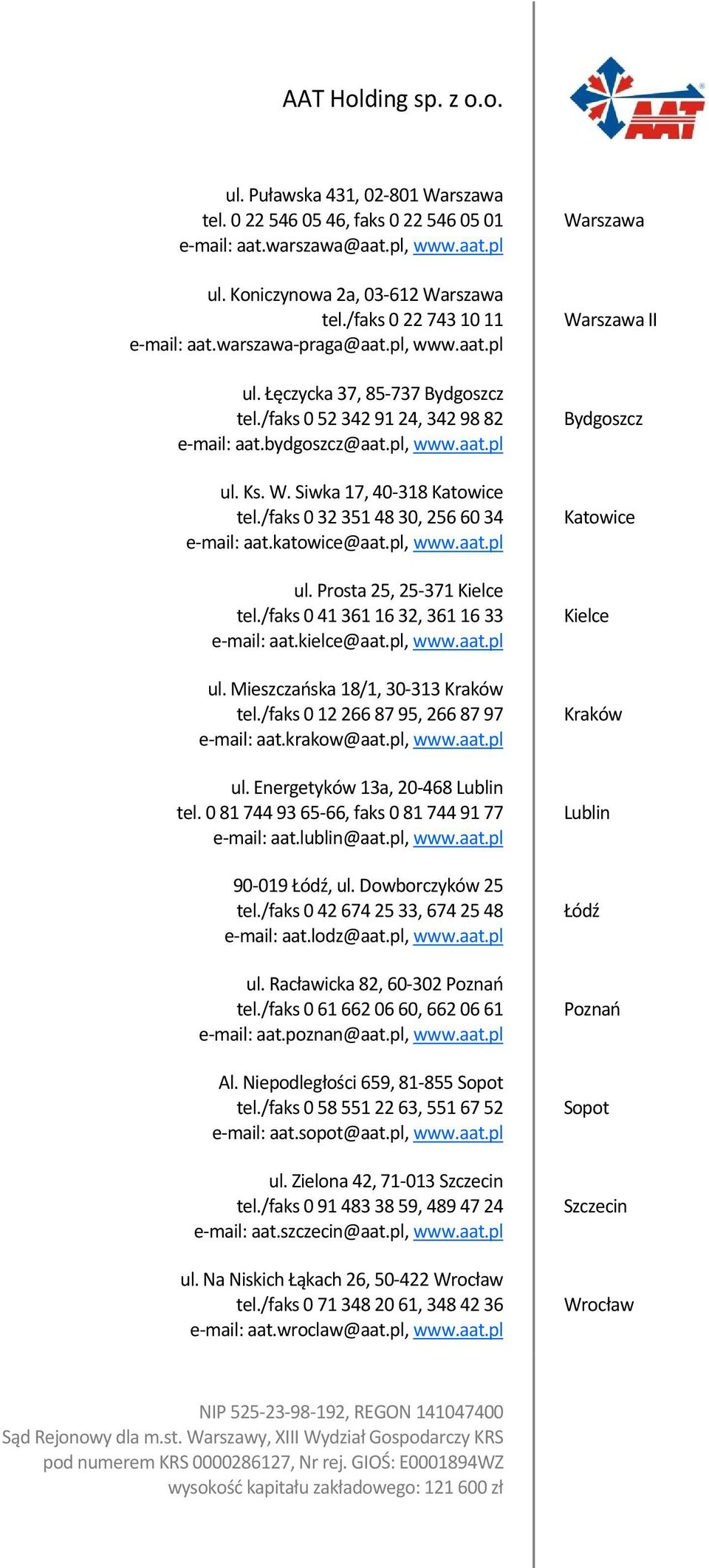 katowice@aat.pl, www.aat.pl ul. Prosta 5, 5-7 Kielce tel./faks 0 6 6, 6 6 e-mail: aat.kielce@aat.pl, www.aat.pl ul. Mieszczańska 8/, 0- Kraków tel./faks 0 66 87 95, 66 87 97 e-mail: aat.krakow@aat.