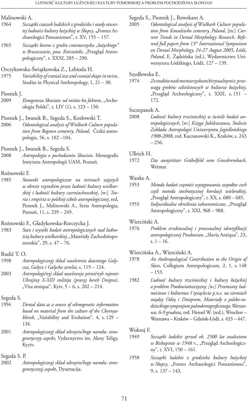 96 Szczątki kostne z grubu cmentarzyska łużyckiego w Bruszczewie, pow. Kościański, Przegląd Antropologiczny, t. XXXI, 8 90. OrczykowskaŚwiątkowska Z., Lebioda H.
