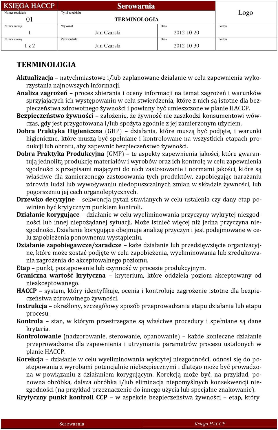 umieszczone w planie HACCP. Bezpieczeństwo żywności założenie, że żywność nie zaszkodzi konsumentowi wówczas, gdy jest przygotowana i/lub spożyta zgodnie z jej zamierzonym użyciem.