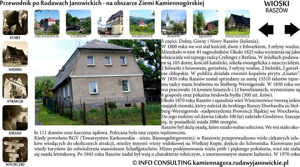 W źródłach podawane są 103 domy, kościół katolicki, szkoła ewangelicka z nauczycielem, 2 folwarki z browarem, gorzelnia, 3 młyny wodne, 2 bielniki, 2 gorzelnie chłopskie.