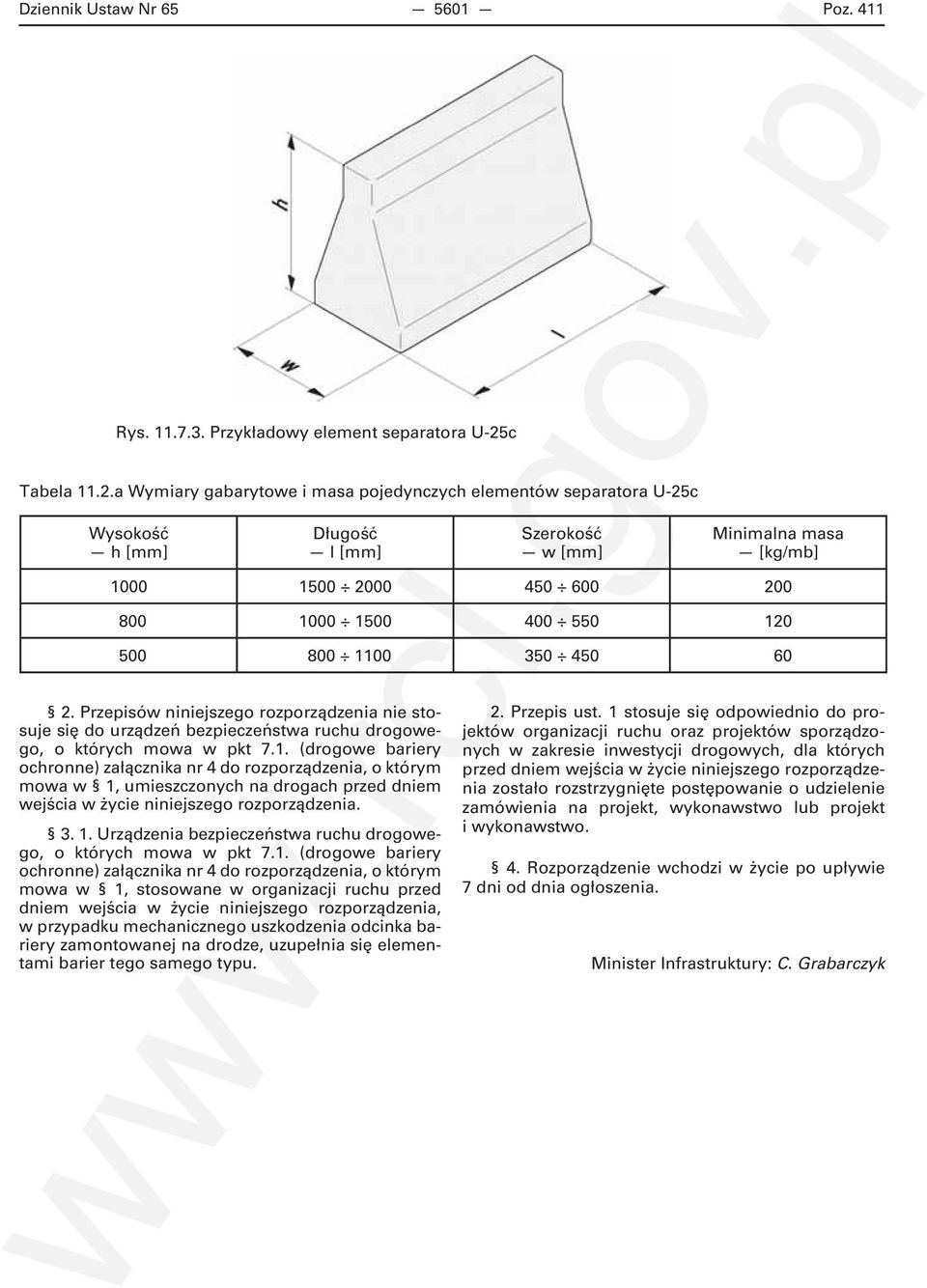 a Wymiary gabarytowe i masa pojedynczych elementów separatora U-25c Wysokość h [mm] Długość l [mm] Szerokość w [mm] Minimalna masa [kg/mb] 1000 1500 2000 450 600 200 800 1000 1500 400 550 120 500 800