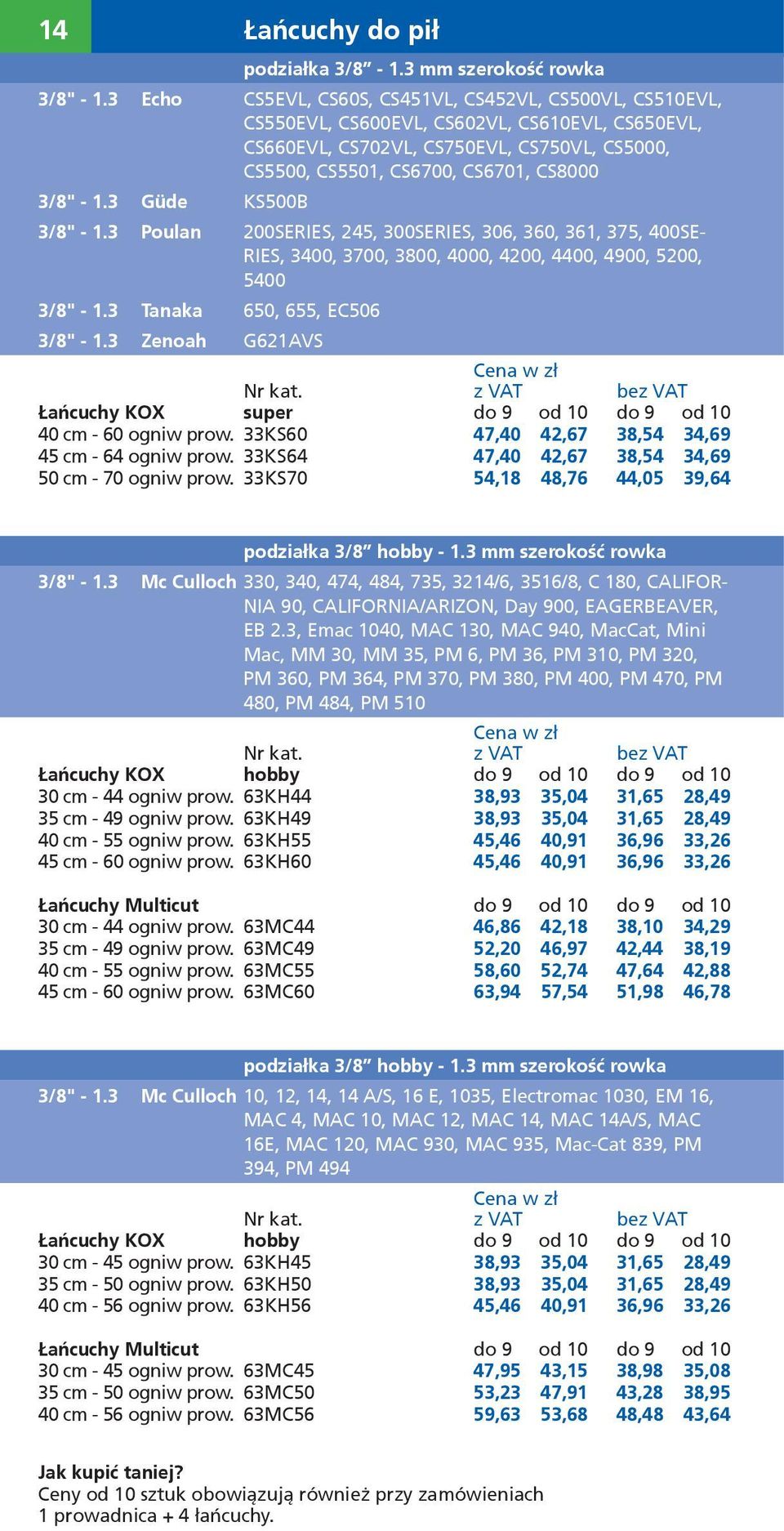 1.3 Güde KS500B 3/8" - 1.3 Poulan 200SERIES, 245, 300SERIES, 306, 360, 361, 375, 400SE- RIES, 3400, 3700, 3800, 4000, 4200, 4400, 4900, 5200, 5400 3/8" - 1.3 Tanaka 650, 655, EC506 3/8" - 1.