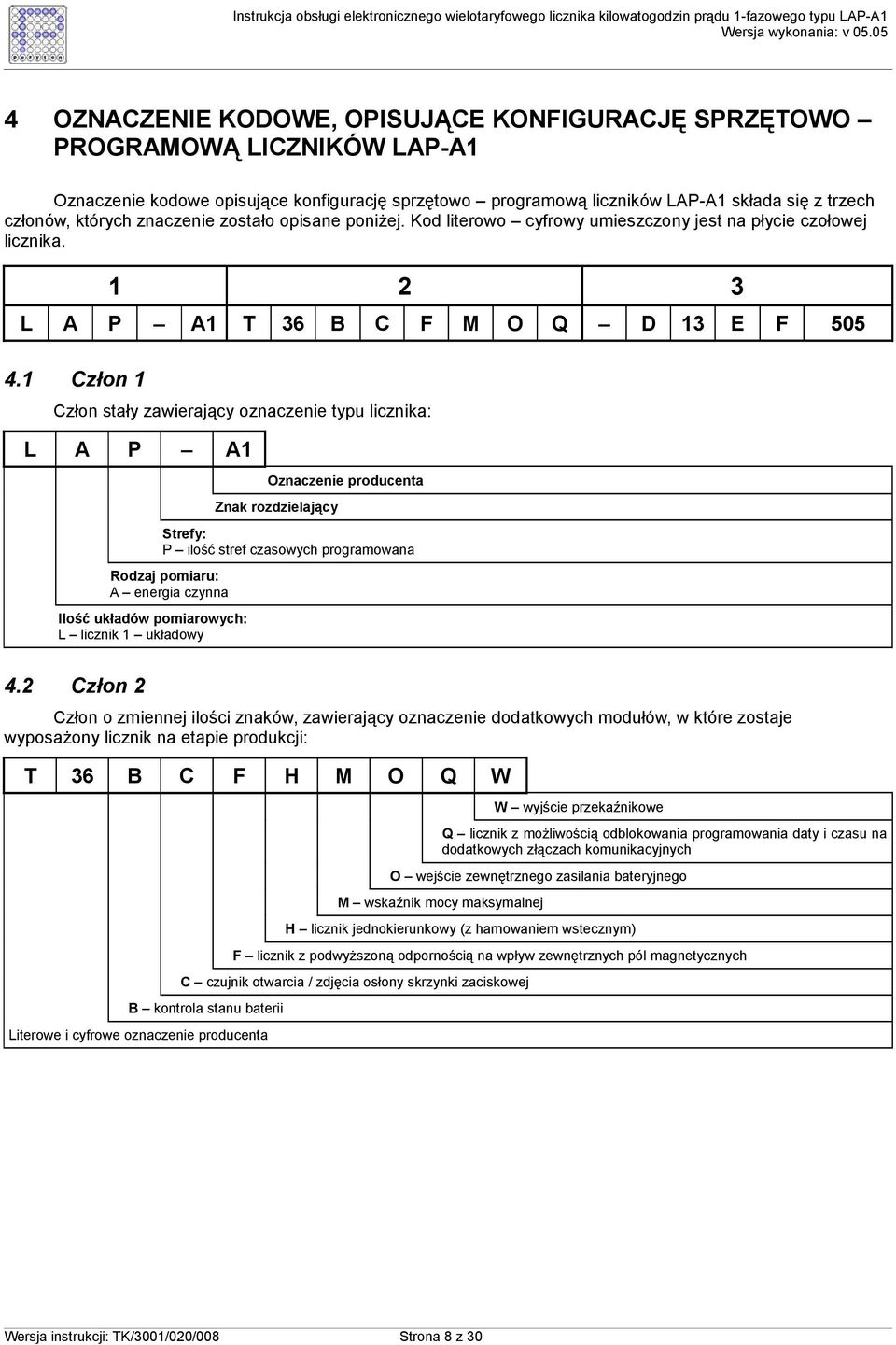 1 Człon 1 Człon stały zawierający oznaczenie typu licznika: L A P A1 Oznaczenie producenta Znak rozdzielający Strefy: P ilość stref czasowych programowana Rodzaj pomiaru: A energia czynna Ilość
