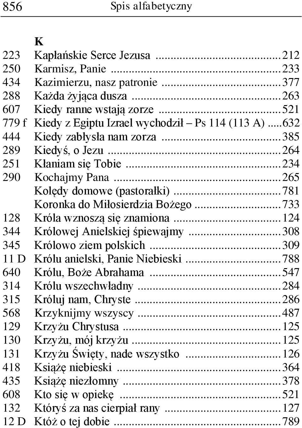 .. 265 Kolędy domowe (pastorałki)... 781 Koronka do Miłosierdzia Bożego... 733 128 Króla wznoszą się znamiona... 124 344 Królowej Anielskiej śpiewajmy... 308 345 Królowo ziem polskich.