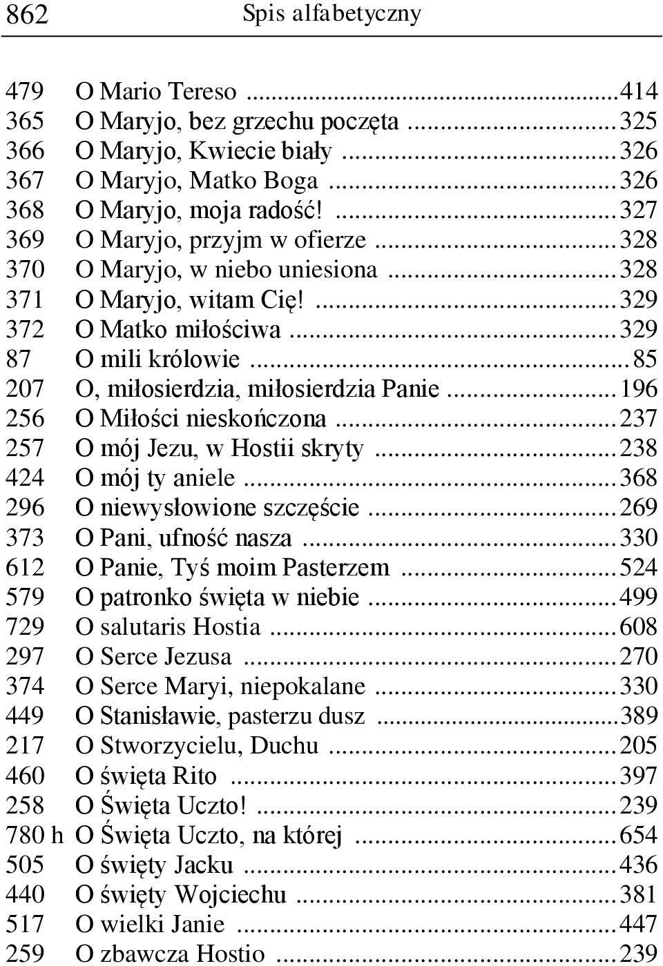 .. 85 207 O, miłosierdzia, miłosierdzia Panie... 196 256 O Miłości nieskończona... 237 257 O mój Jezu, w Hostii skryty... 238 424 O mój ty aniele... 368 296 O niewysłowione szczęście.