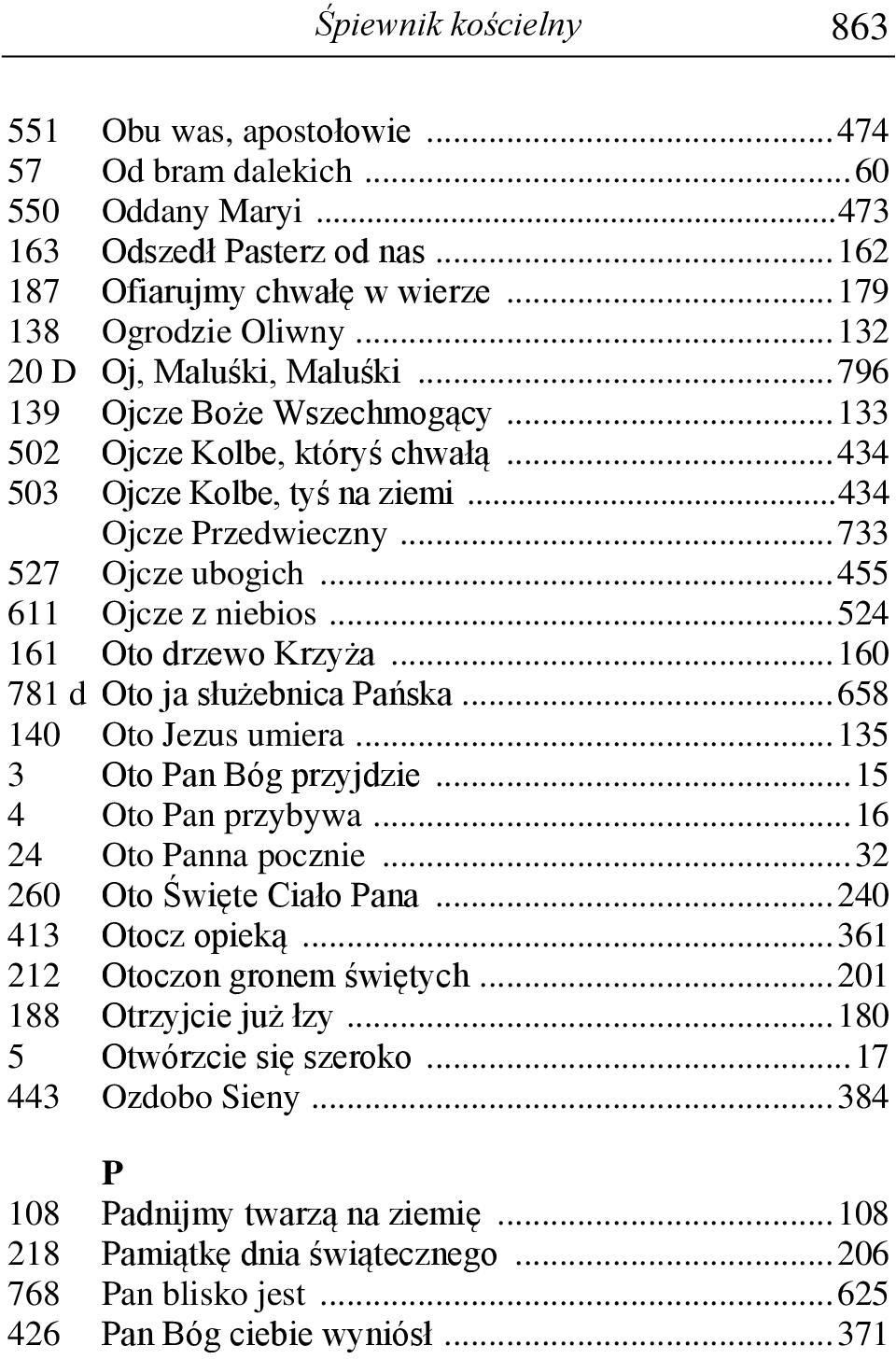 .. 455 611 Ojcze z niebios... 524 161 Oto drzewo Krzyża... 160 781 d Oto ja służebnica Pańska... 658 140 Oto Jezus umiera... 135 3 Oto Pan Bóg przyjdzie... 15 4 Oto Pan przybywa.