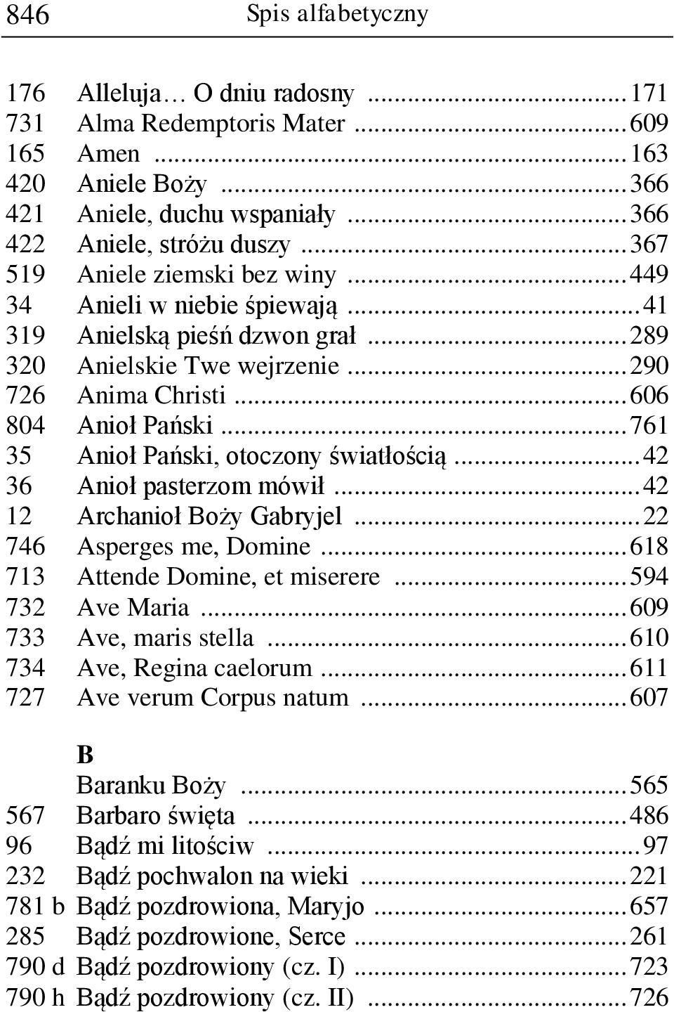 .. 761 35 Anioł Pański, otoczony światłością... 42 36 Anioł pasterzom mówił... 42 12 Archanioł Boży Gabryjel... 22 746 Asperges me, Domine... 618 713 Attende Domine, et miserere... 594 732 Ave Maria.