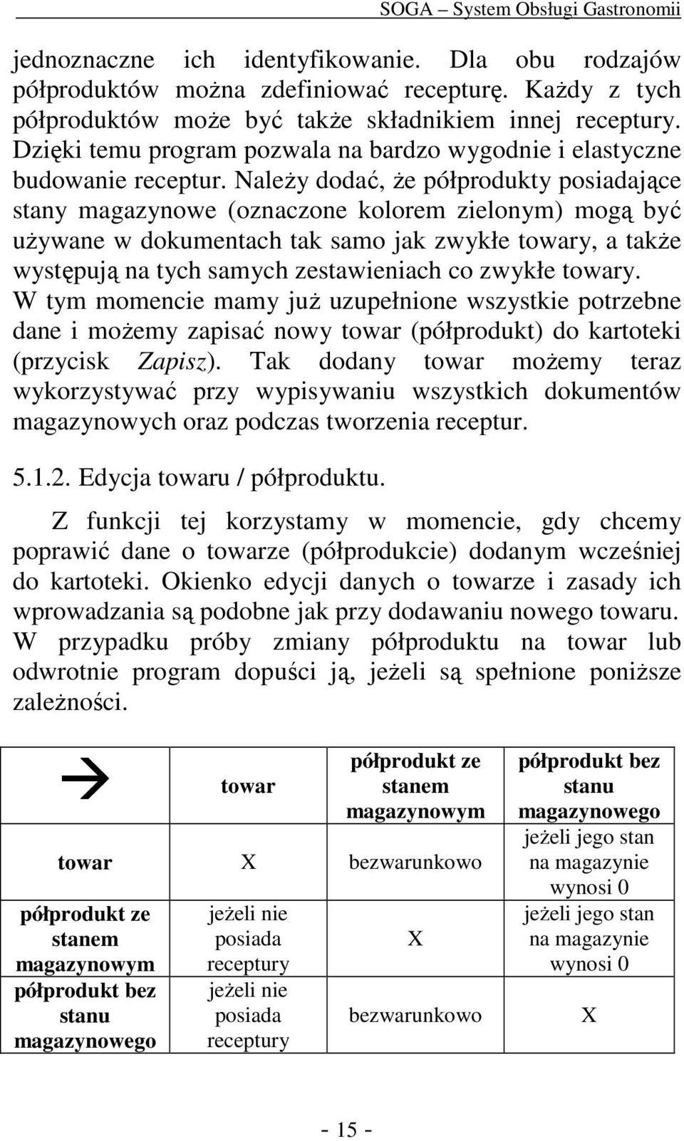 NaleŜy dodać, Ŝe półprodukty posiadające stany magazynowe (oznaczone kolorem zielonym) mogą być uŝywane w dokumentach tak samo jak zwykłe towary, a takŝe występują na tych samych zestawieniach co