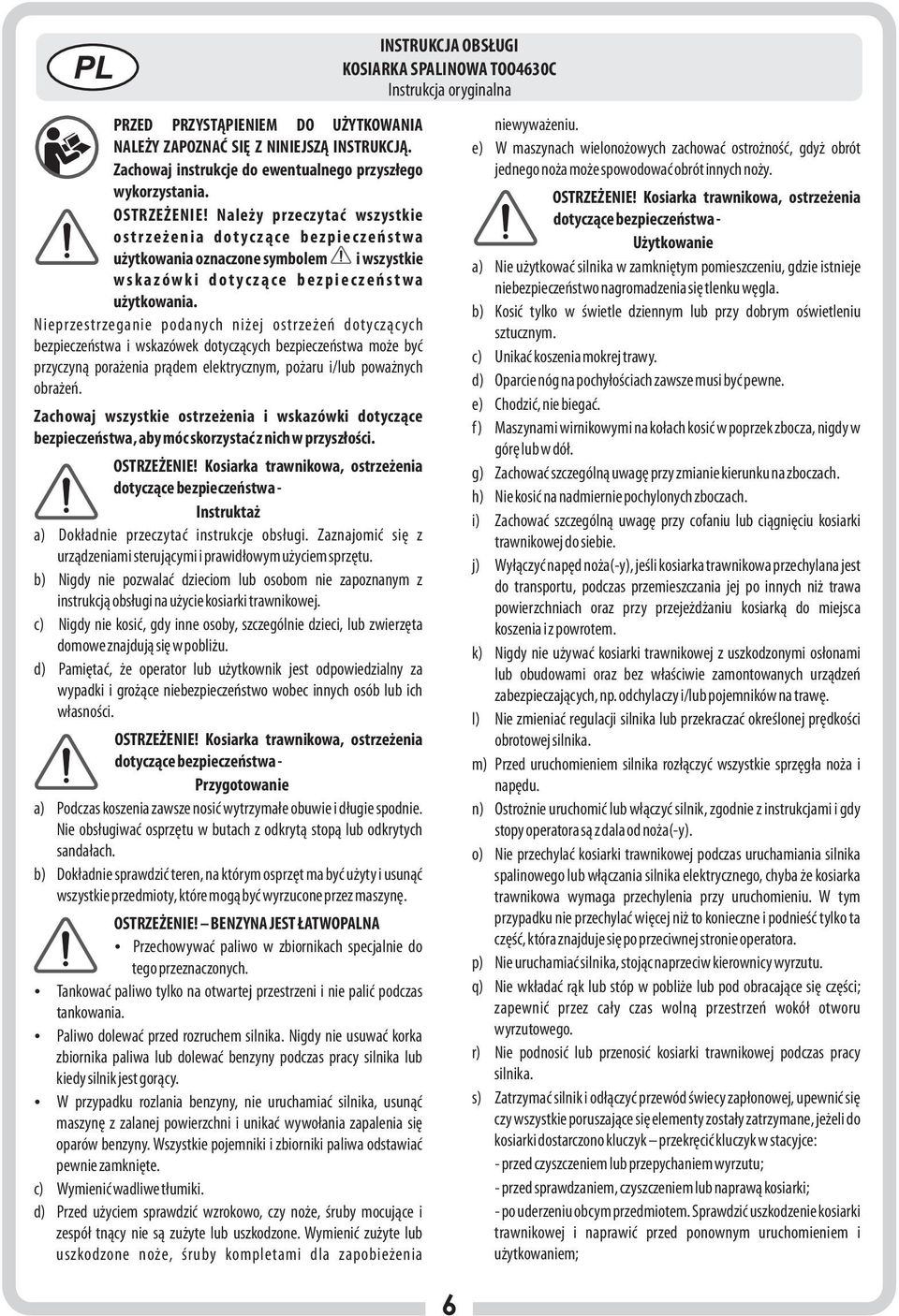 INSTRUKCJA OBSŁUGI. KOSIARKA SPALINOWA TOO4630C Instrukcja oryginalna - PDF  Darmowe pobieranie