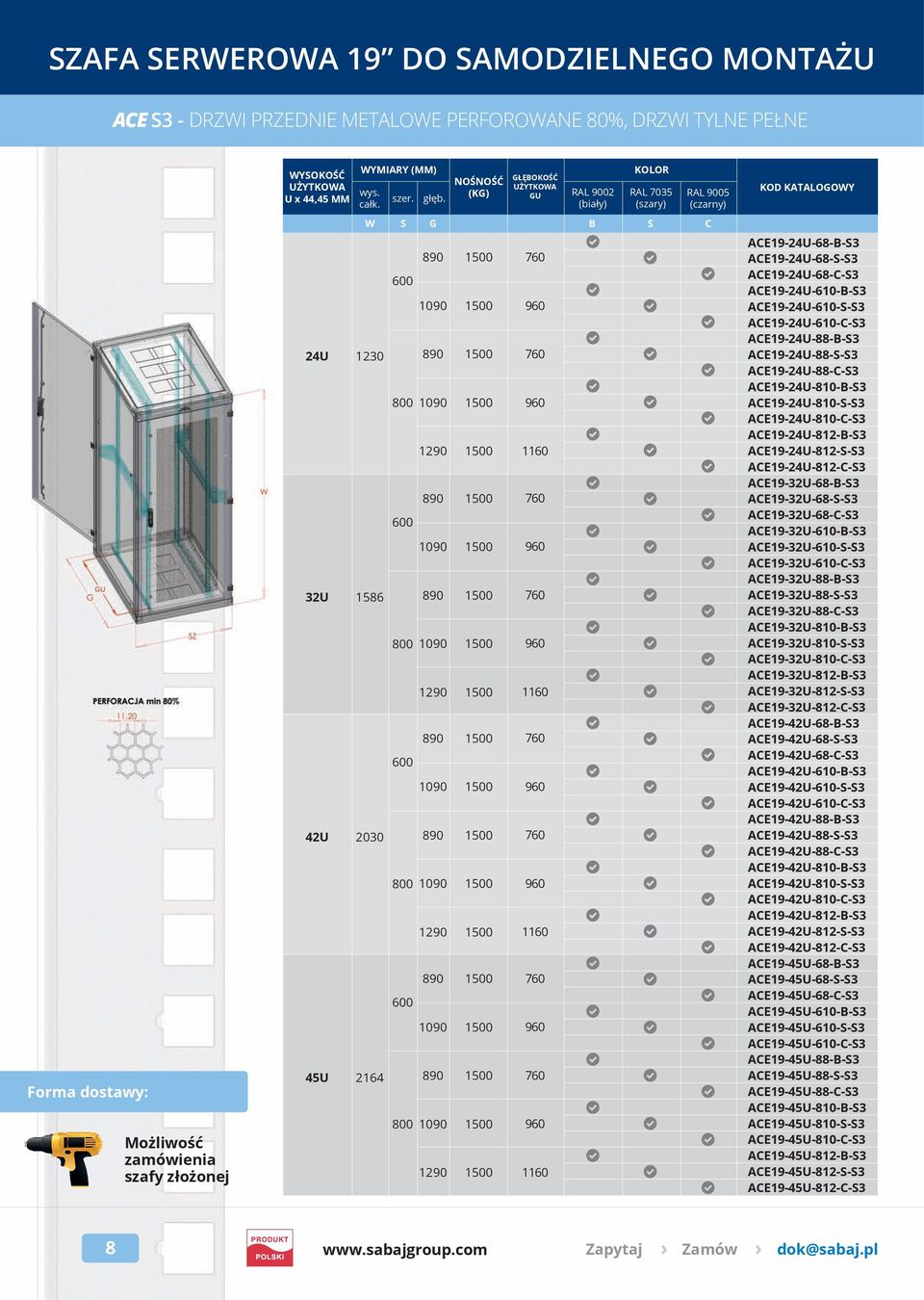 NOŚNOŚĆ (KG) RAL 9002 (biały) RAL 7035 (szary) RAL 9005 (czarny) W S G B S C 1230 1586 2030 2164 800 800 800 800 GŁĘBOKOŚĆ GU ACE19-24U-68-B-S3 ACE19-24U-68-S-S3 ACE19-24U-68-C-S3 ACE19-24U-610-B-S3