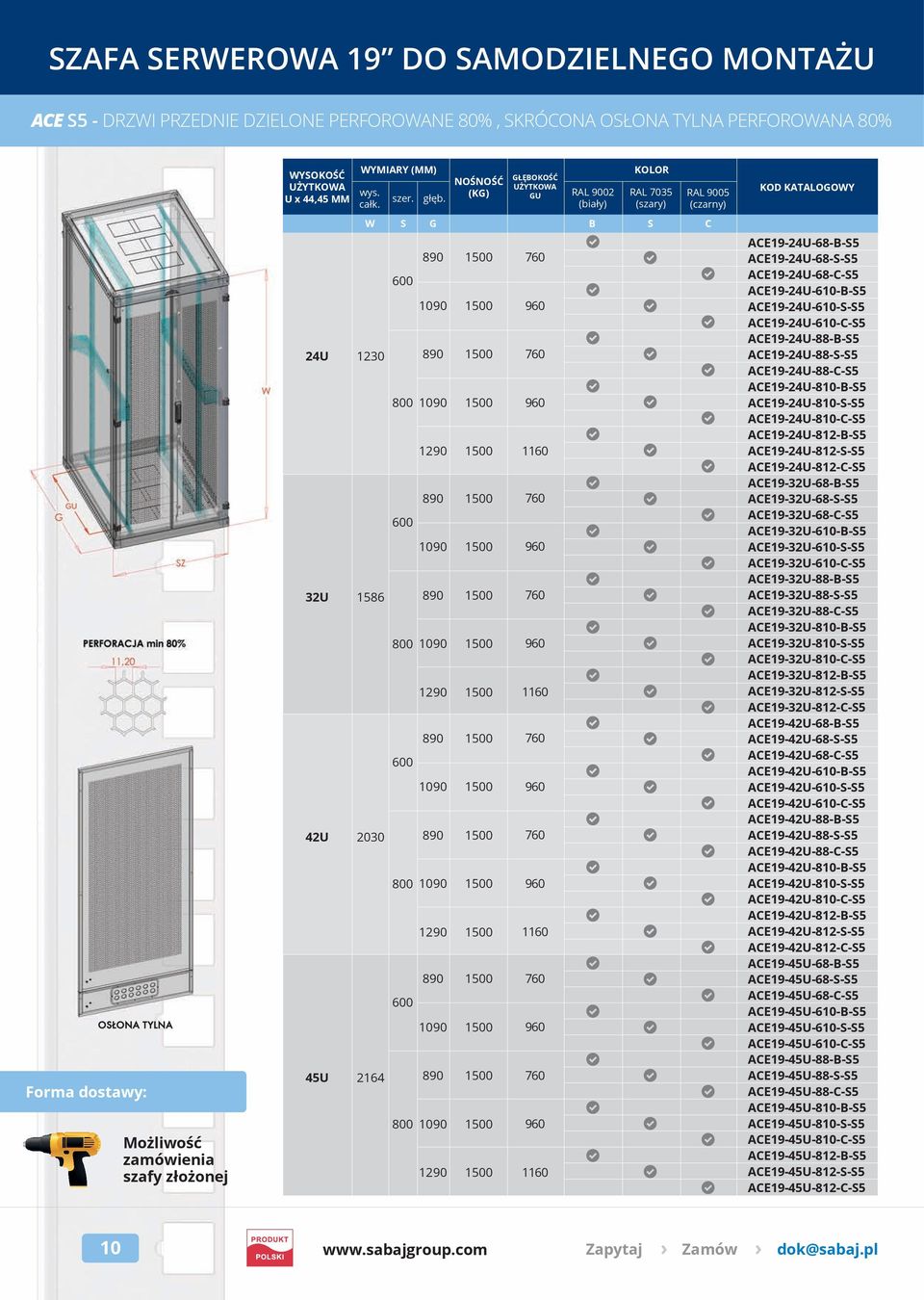 NOŚNOŚĆ (KG) RAL 9002 (biały) RAL 7035 (szary) RAL 9005 (czarny) W S G B S C 1230 1586 2030 2164 800 800 800 800 GŁĘBOKOŚĆ GU ACE19-24U-68-B-S5 ACE19-24U-68-S-S5 ACE19-24U-68-C-S5 ACE19-24U-610-B-S5