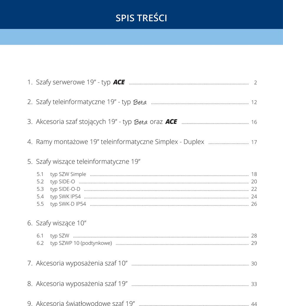 Szafy wiszące teleinformatyczne 19 5.1 typ SZW Simple... 5.2 typ SIDE-O... 5.3 typ SIDE-O-D 5.4 typ SWK IP54...... 5.5 typ SWK-D IP54.