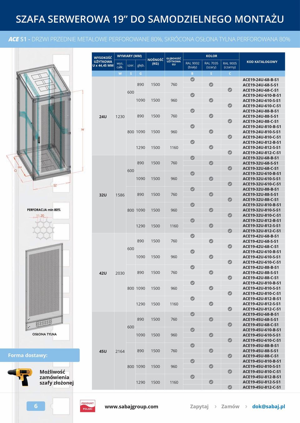 NOŚNOŚĆ (KG) RAL 9002 (biały) RAL 7035 (szary) RAL 9005 (czarny) W S G B S C 1230 1586 2030 2164 800 800 800 800 GŁĘBOKOŚĆ GU ACE19-24U-68-B-S1 ACE19-24U-68-S-S1 ACE19-24U-68-C-S1 ACE19-24U-610-B-S1