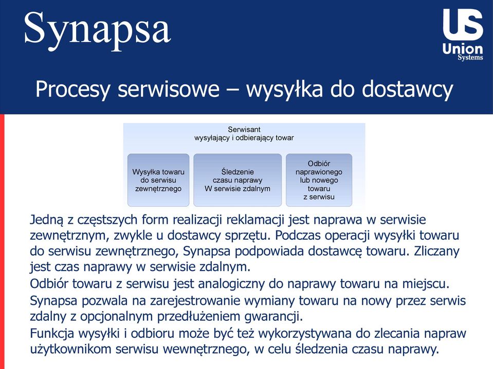 Podczas operacji wysyłki towaru do serwisu zewnętrznego, Synapsa podpowiada dostawcę towaru. Zliczany jest czas naprawy w serwisie zdalnym.