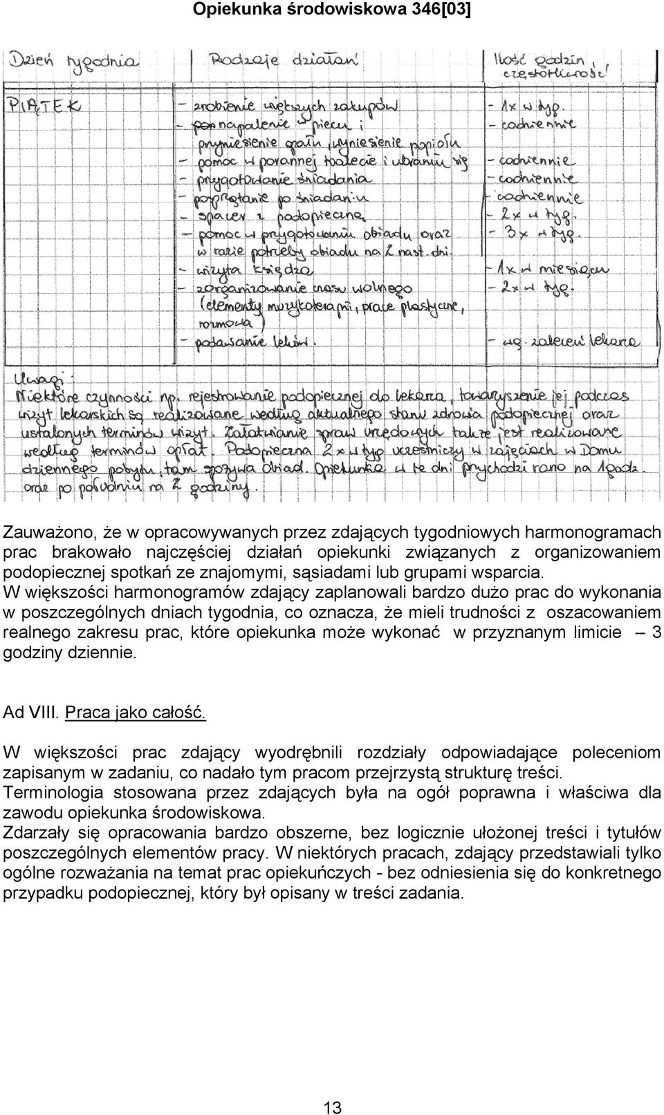 W większości harmonogramów zdający zaplanowali bardzo dużo prac do wykonania w poszczególnych dniach tygodnia, co oznacza, że mieli trudności z oszacowaniem realnego zakresu prac, które opiekunka