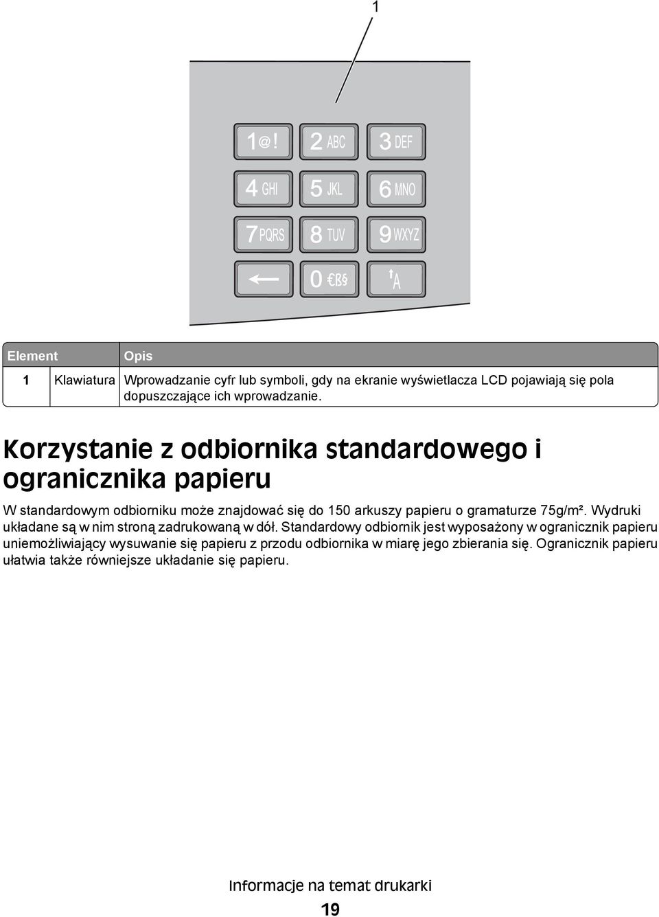 75g/m². Wydruki układane są w nim stroną zadrukowaną w dół.