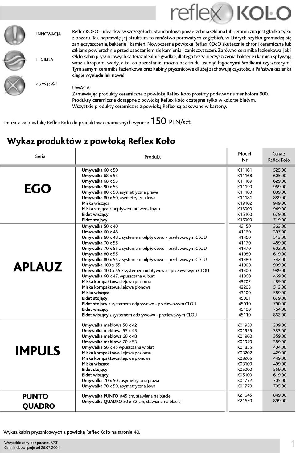 Nowoczesna powłoka Reflex KOŁO skutecznie chroni ceramiczne lub szklane powierzchnie przed osadzaniem się kamienia i zanieczyszczeń.