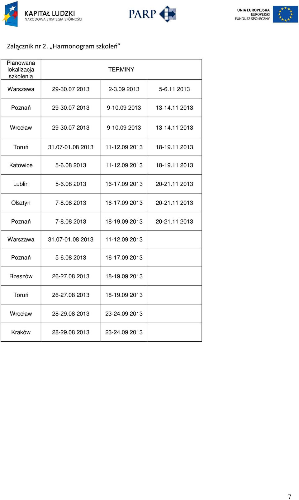 08 2013 16-17.09 2013 20-21.11 2013 Olsztyn 7-8.08 2013 16-17.09 2013 20-21.11 2013 Poznań 7-8.08 2013 18-19.09 2013 20-21.11 2013 Warszawa 31.07-01.08 2013 11-12.