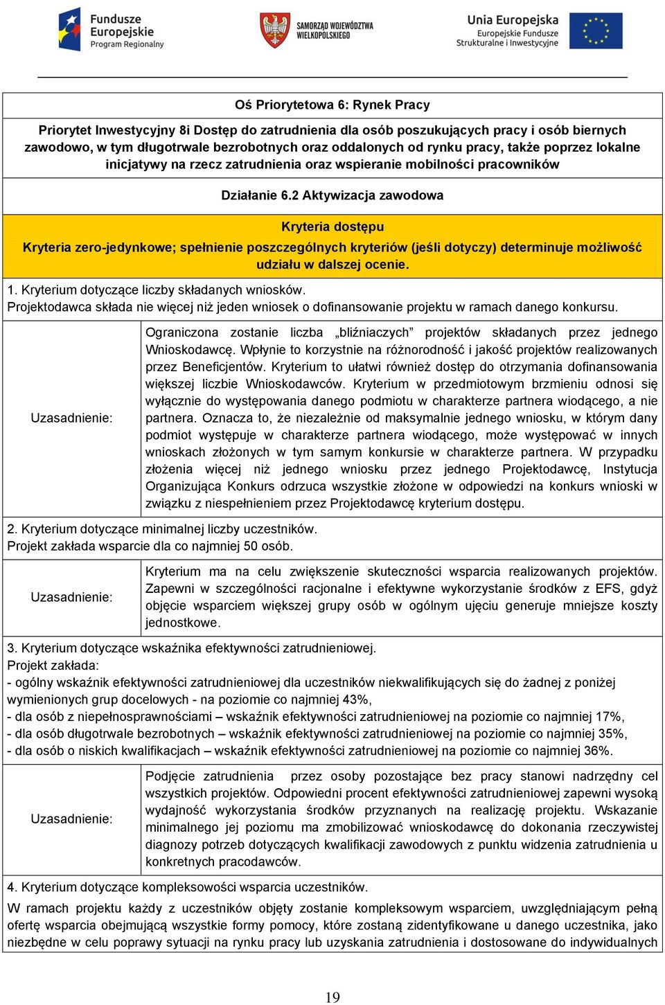 2 Aktywizacja zawodowa Kryteria dostępu Kryteria zero-jedynkowe; spełnienie poszczególnych kryteriów (jeśli dotyczy) determinuje możliwość udziału w dalszej ocenie. 1.