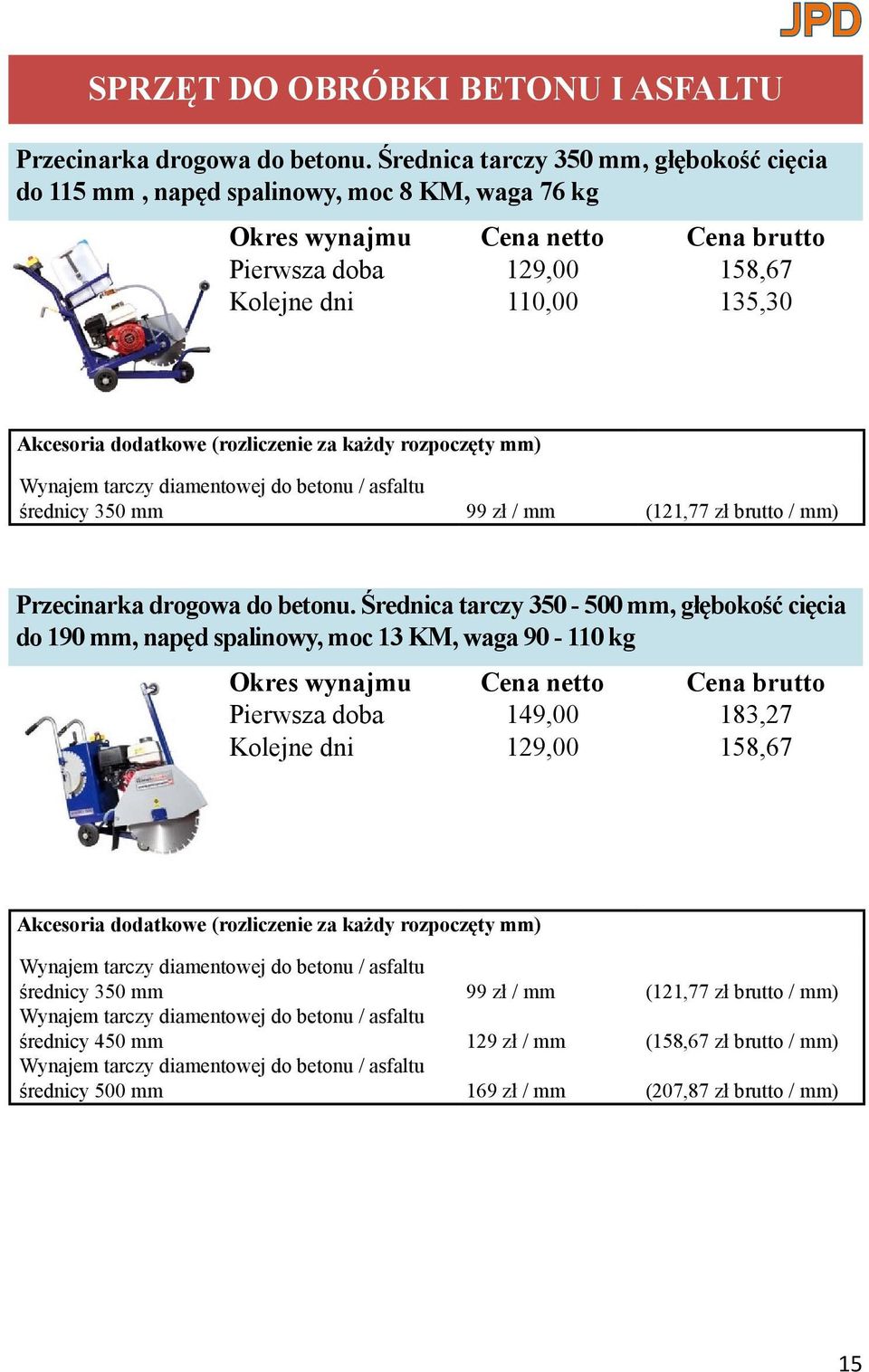 mm) Wynajem tarczy diamentowej do betonu / asfaltu średnicy 350 mm 99 zł / mm (121,77 zł brutto / mm) Przecinarka drogowa do betonu.