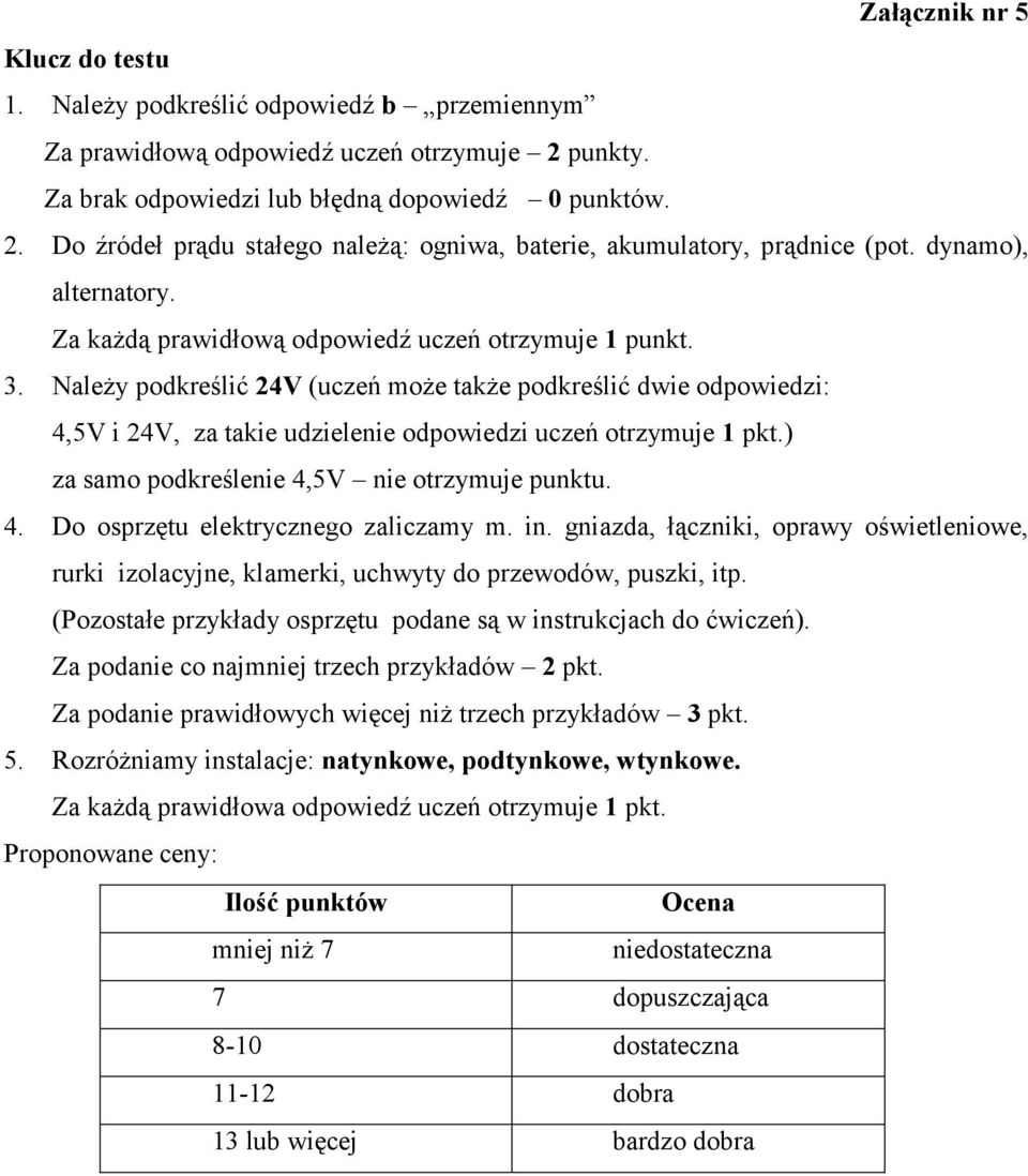 Należy podkreślić 24V (uczeń może także podkreślić dwie odpowiedzi: 4,5V i 24V, za takie udzielenie odpowiedzi uczeń otrzymuje 1 pkt.) za samo podkreślenie 4,5V nie otrzymuje punktu. 4. Do osprzętu elektrycznego zaliczamy m.