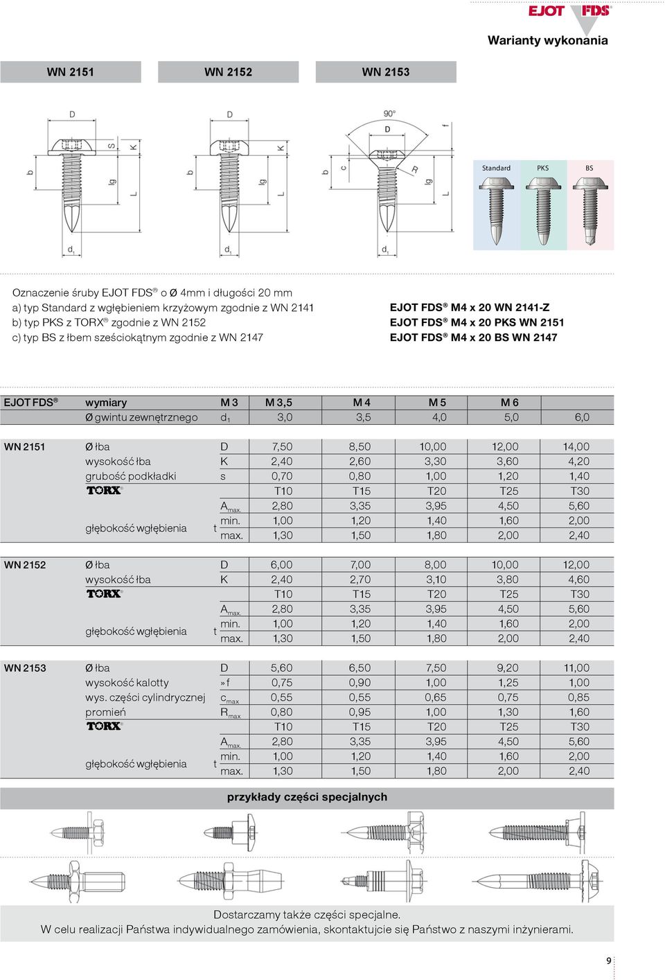 d 1 3,0 3,5 4,0 5,0 6,0 WN 2151 Ø łba D 7,50 8,50 10,00 12,00 14,00 wysokość łba K 2,40 2,60 3,30 3,60 4,20 grubość podkładki s 0,70 0,80 1,00 1,20 1,40 T10 T15 T20 T25 T30 A max.