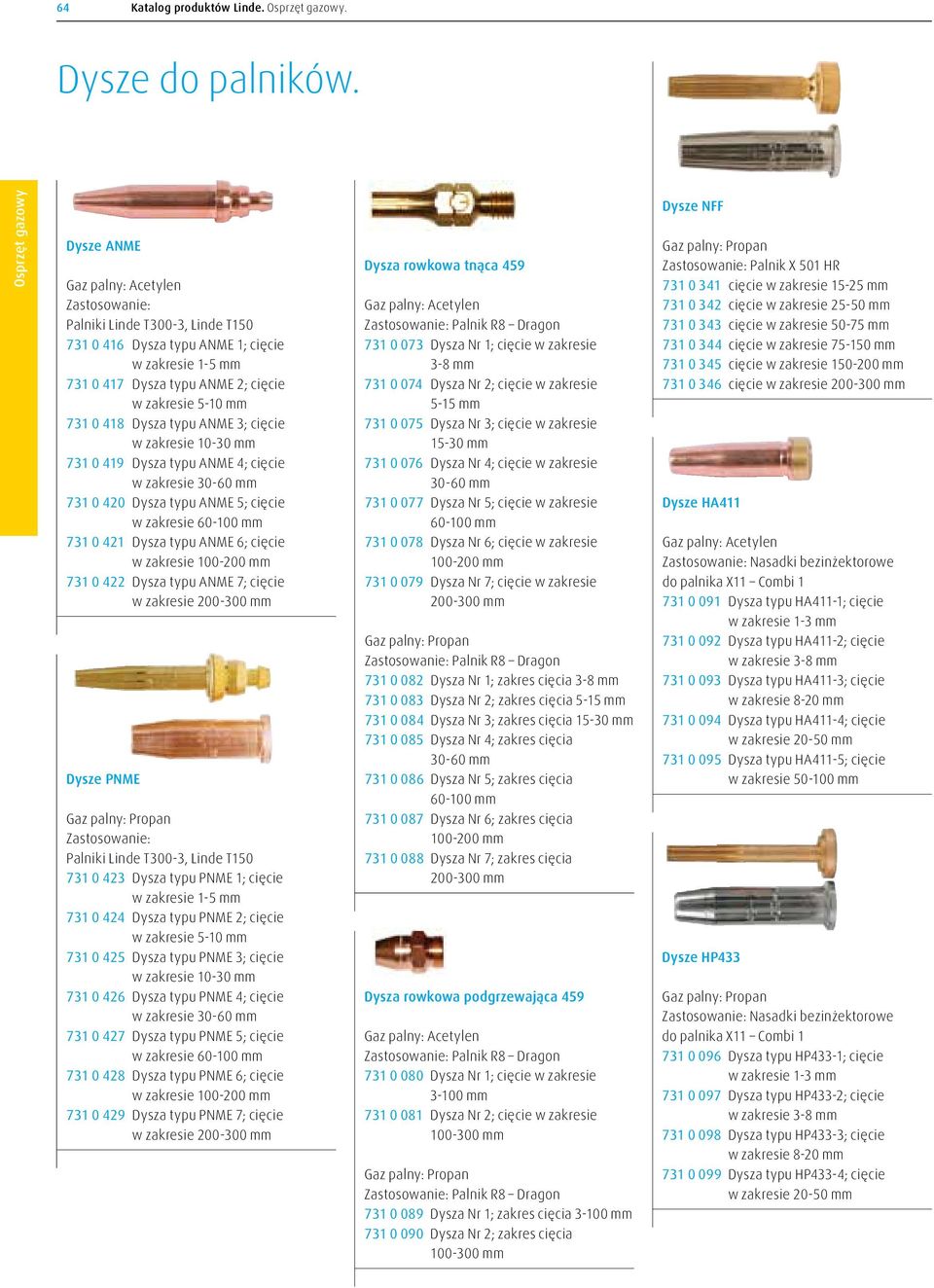 Dysza typu ANME 3; cięcie w zakresie 10-30 mm 731 0 419 Dysza typu ANME 4; cięcie w zakresie 30-60 mm 731 0 420 Dysza typu ANME 5; cięcie w zakresie 60-100 mm 731 0 421 Dysza typu ANME 6; cięcie w