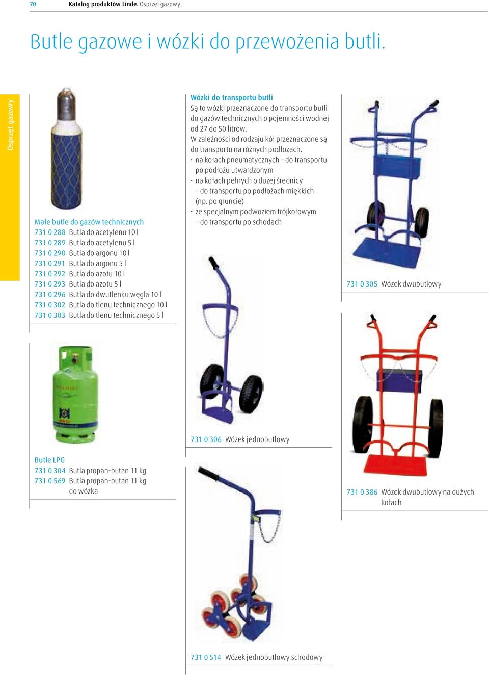 293 Butla do azotu 5 l 731 0 296 Butla do dwutlenku węgla 10 l 731 0 302 Butla do tlenu technicznego 10 l 731 0 303 Butla do tlenu technicznego 5 l Wózki do transportu butli Są to wózki przeznaczone