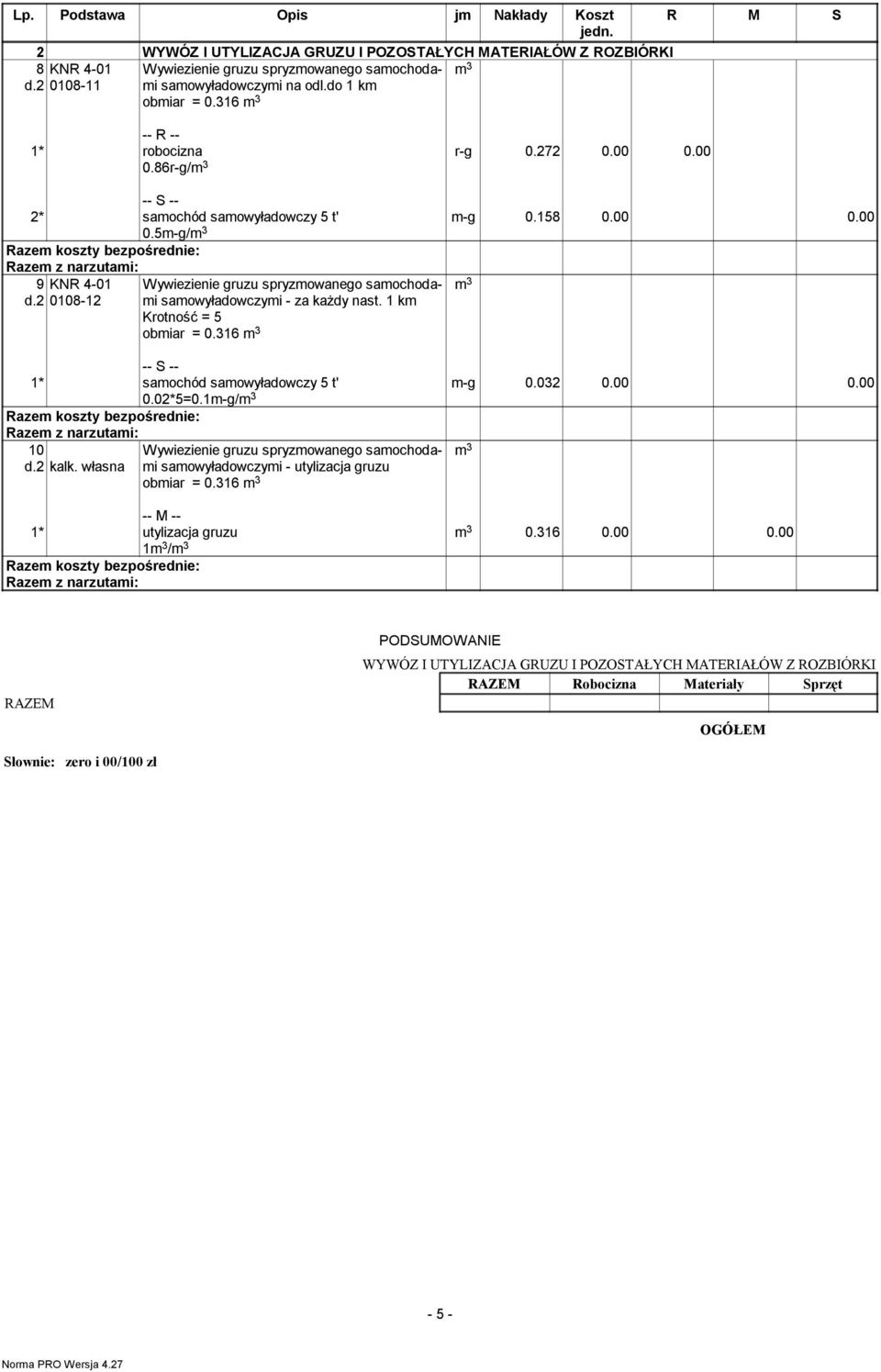 2 0108-12 Wywiezienie gruzu spryzowanego saochodai saowyładowczyi - za każdy nast. 1 k Krotność = 5 obiar = 0.316 3 -g 0.032 0.00 0.00 1* saochód saowyładowczy 5 t' 0.02*5=0.1-g/ 3 10 d.2 kalk.