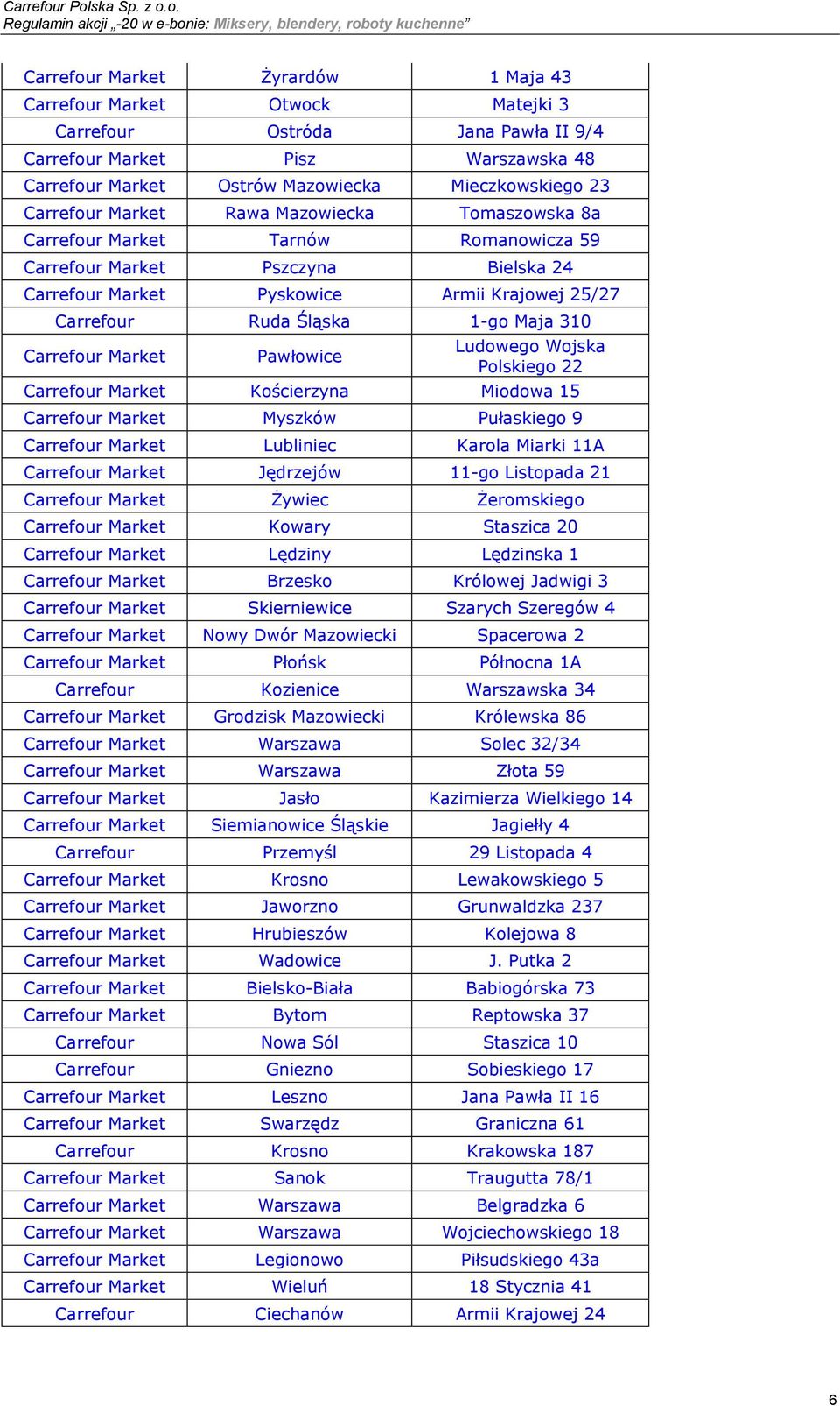 Maja 310 Carrefour Market Pawłowice Ludowego Wojska Polskiego 22 Carrefour Market Kościerzyna Miodowa 15 Carrefour Market Myszków Pułaskiego 9 Carrefour Market Lubliniec Karola Miarki 11A Carrefour