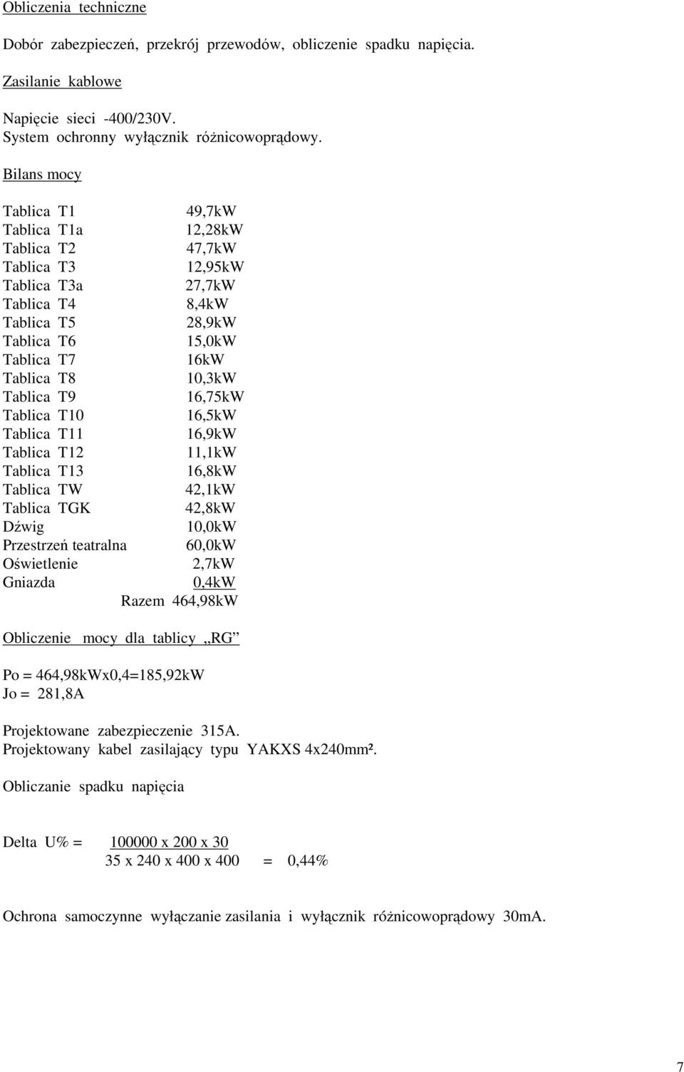 Tablica T9 16,75kW Tablica T10 16,5kW Tablica T11 16,9kW Tablica T12 11,1kW Tablica T13 16,8kW Tablica TW 42,1kW Tablica TGK 42,8kW Dźwig 10,0kW Przestrzeń teatralna 60,0kW Oświetlenie 2,7kW Gniazda