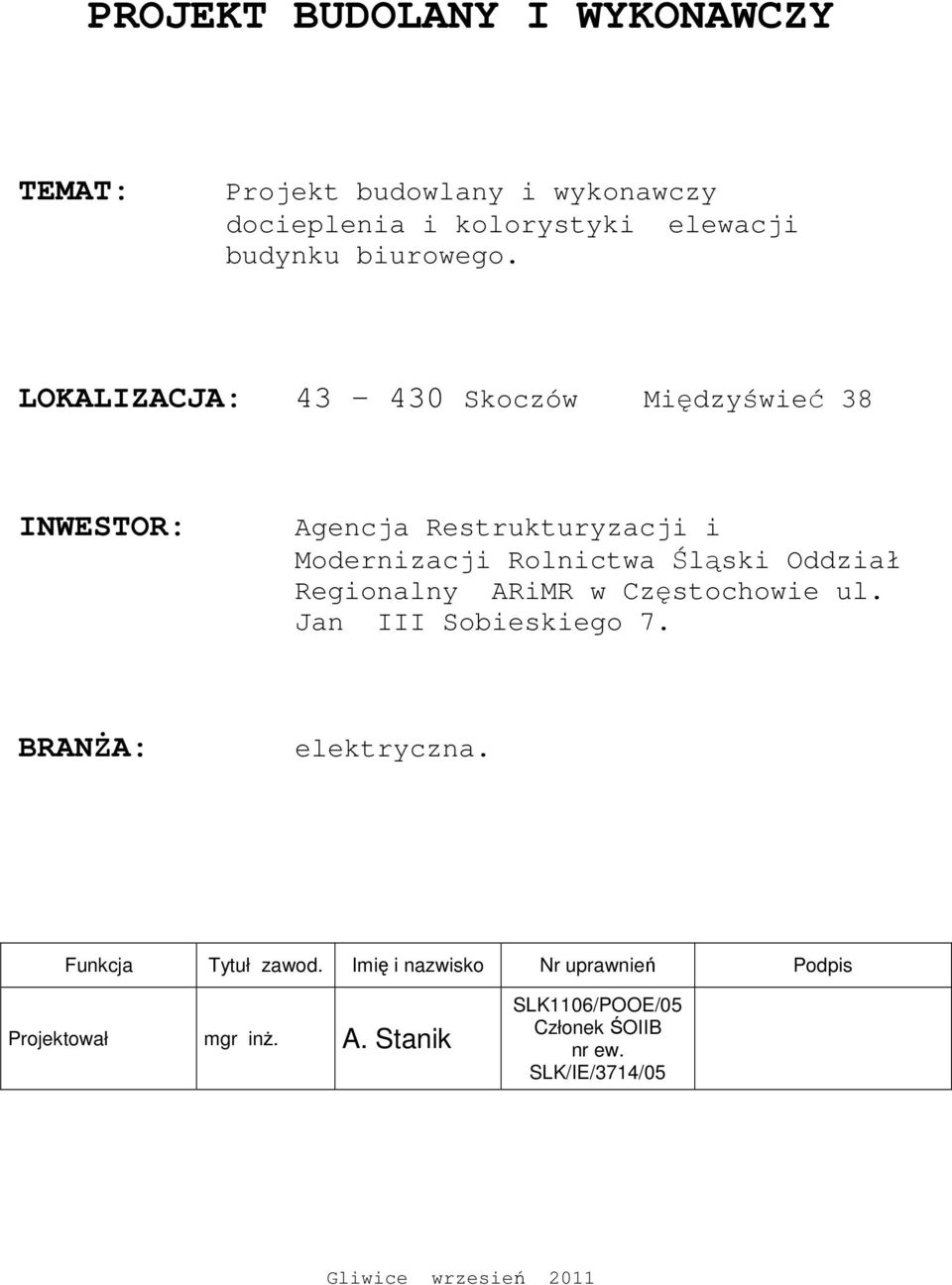 Regionalny ARiMR w Częstochowie ul. Jan III Sobieskiego 7. BRANśA: elektryczna. Funkcja Tytuł zawod.