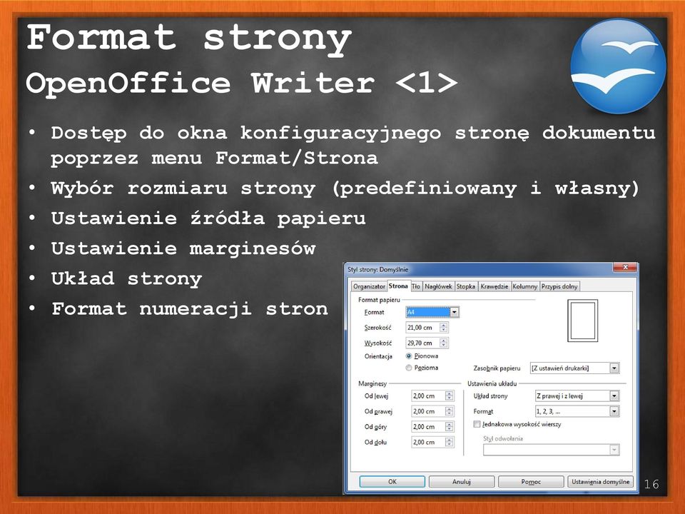 Wybór rozmiaru strony (predefiniowany i własny) Ustawienie