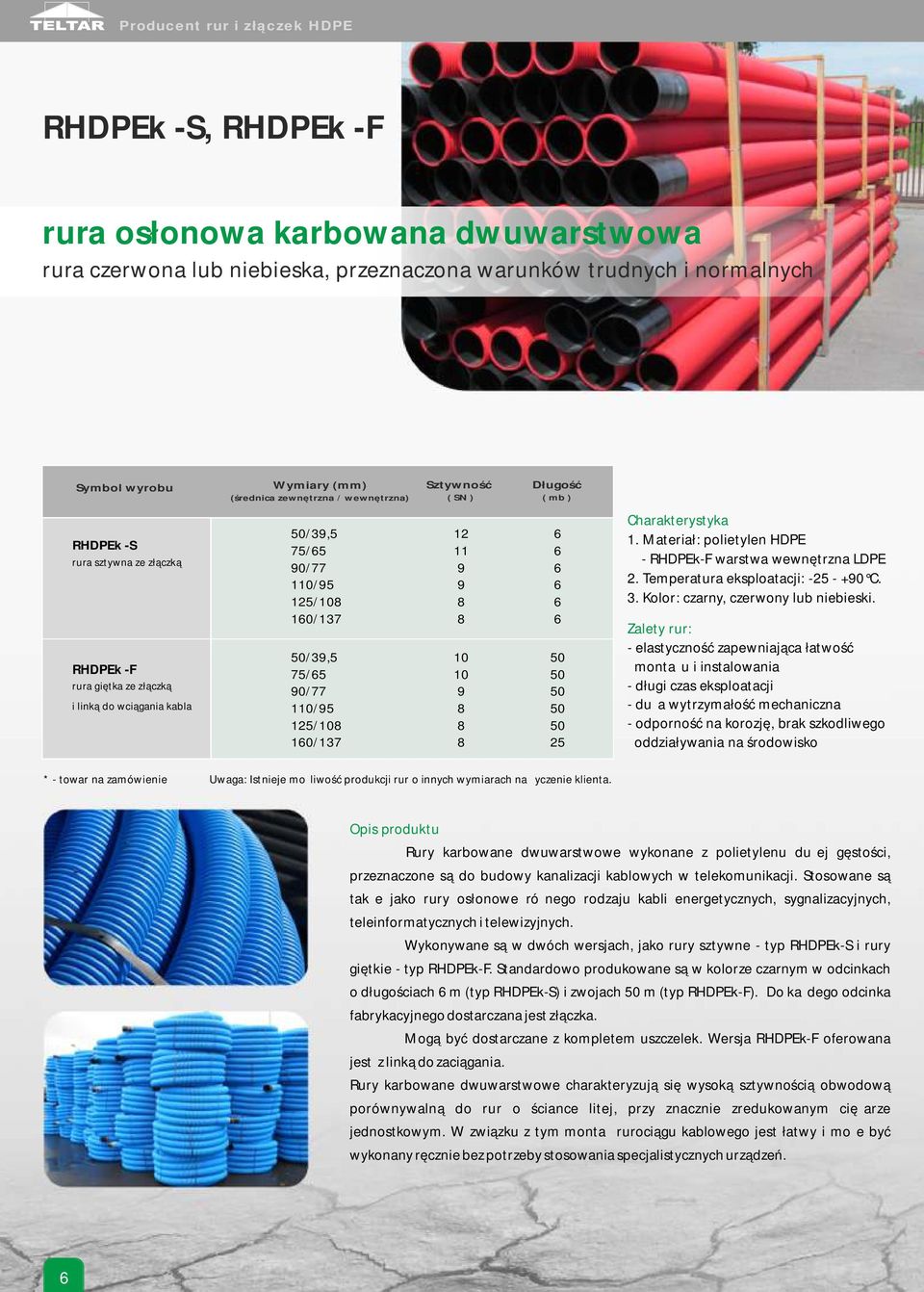 Materiał: polietylen HDPE RHDPEkF warstwa wewnętrzna LDPE 2. Temperatura eksploatacji: 25 90 C.. Kolor: czarny, czerwony lub niebieski.