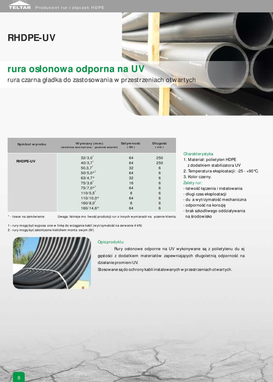 . Materiał: polietylen HDPE z dodatkiem stabilizatora UV 2. Temperatura eksploatacji: 25 90 C.. Kolor czarny.